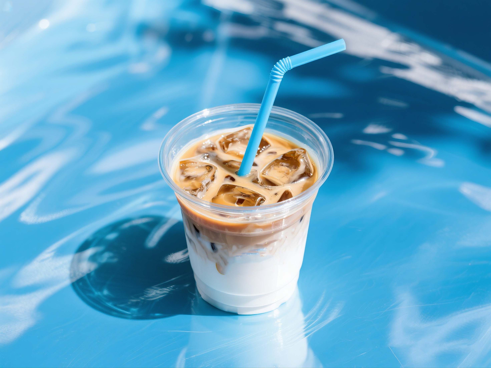 Iced Milo Drink in Plastic Cup with Blue Straw on Blue Background