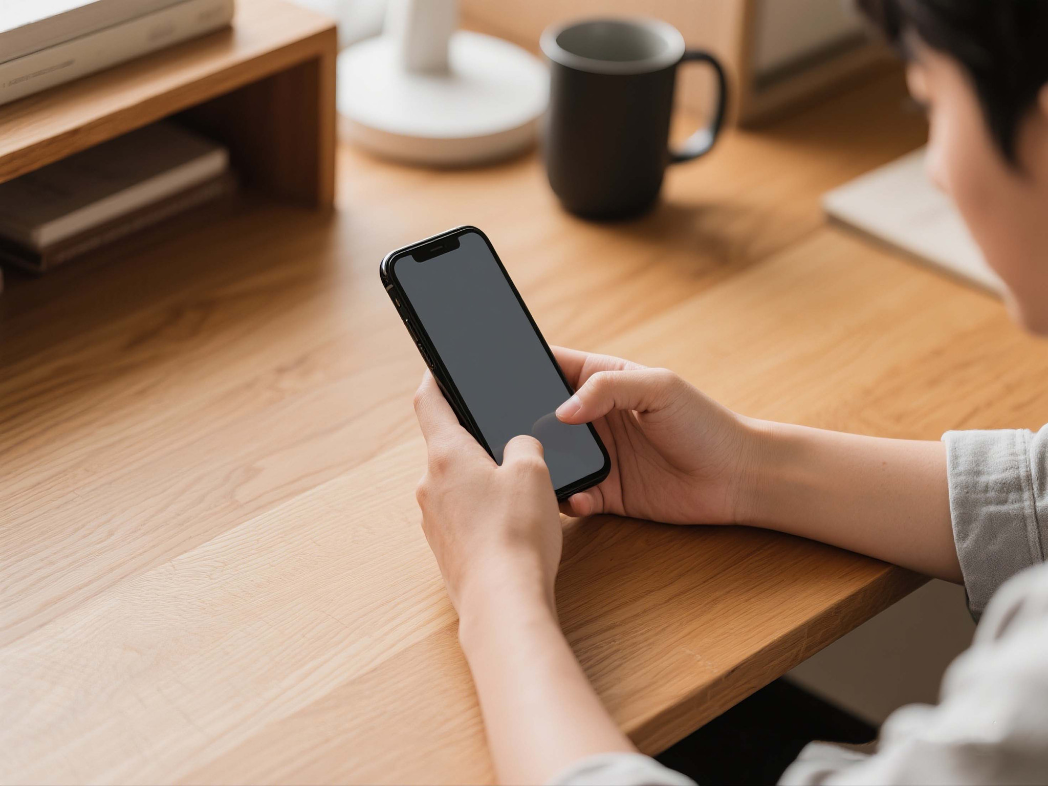 Person Holding Smartphone While Sitting at Wooden Desk