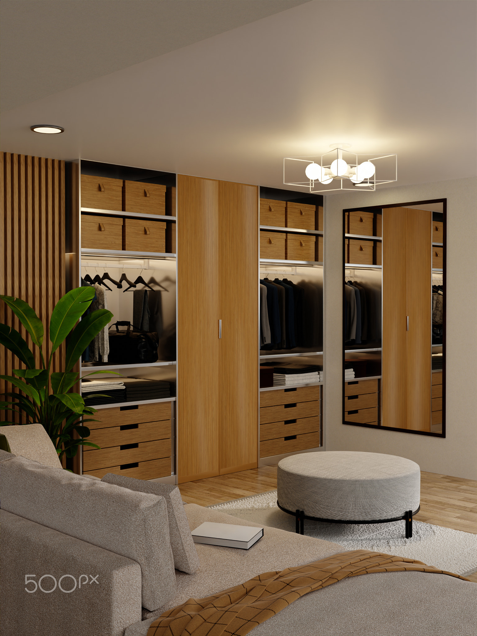 Modern interior design illustrating organized wardrobe with sleek