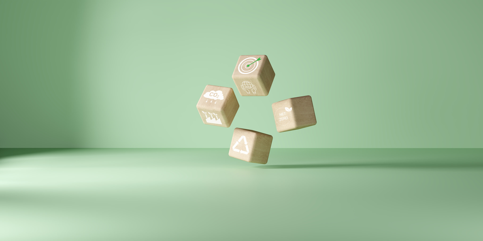 Eco-friendly concept with wooden cubes showing sustainability icons, green background, zero carbon, 