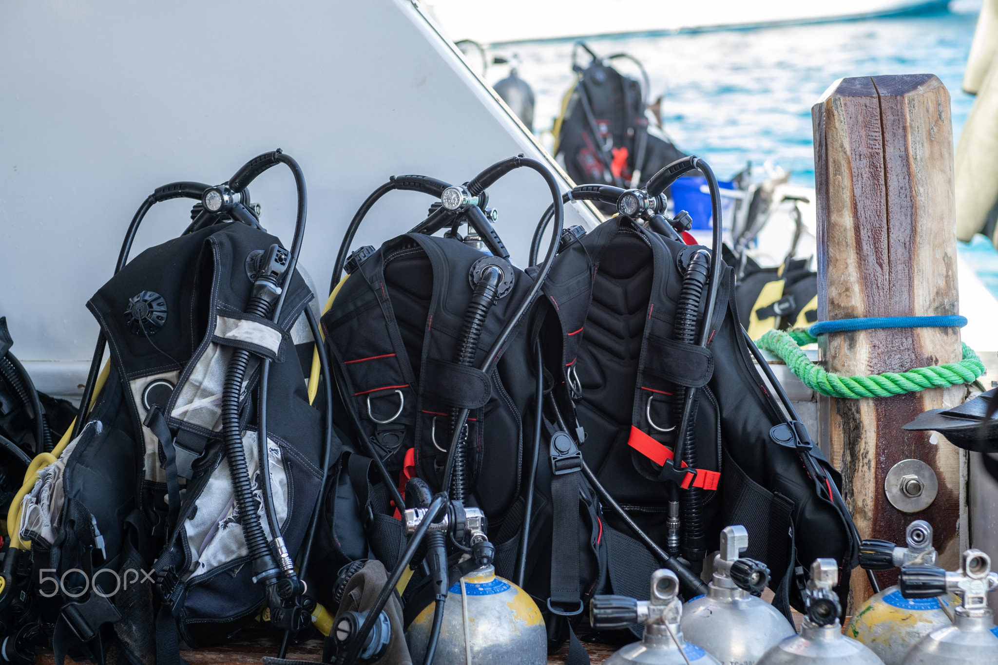 Diving Gear and Oxygen Tanks Ready for an Underwater Adventure at a Tropical Location During Sunny