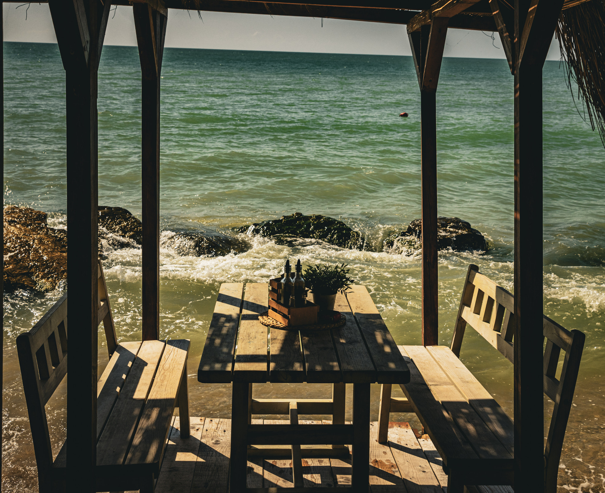 View from a rustic beachside cafe
