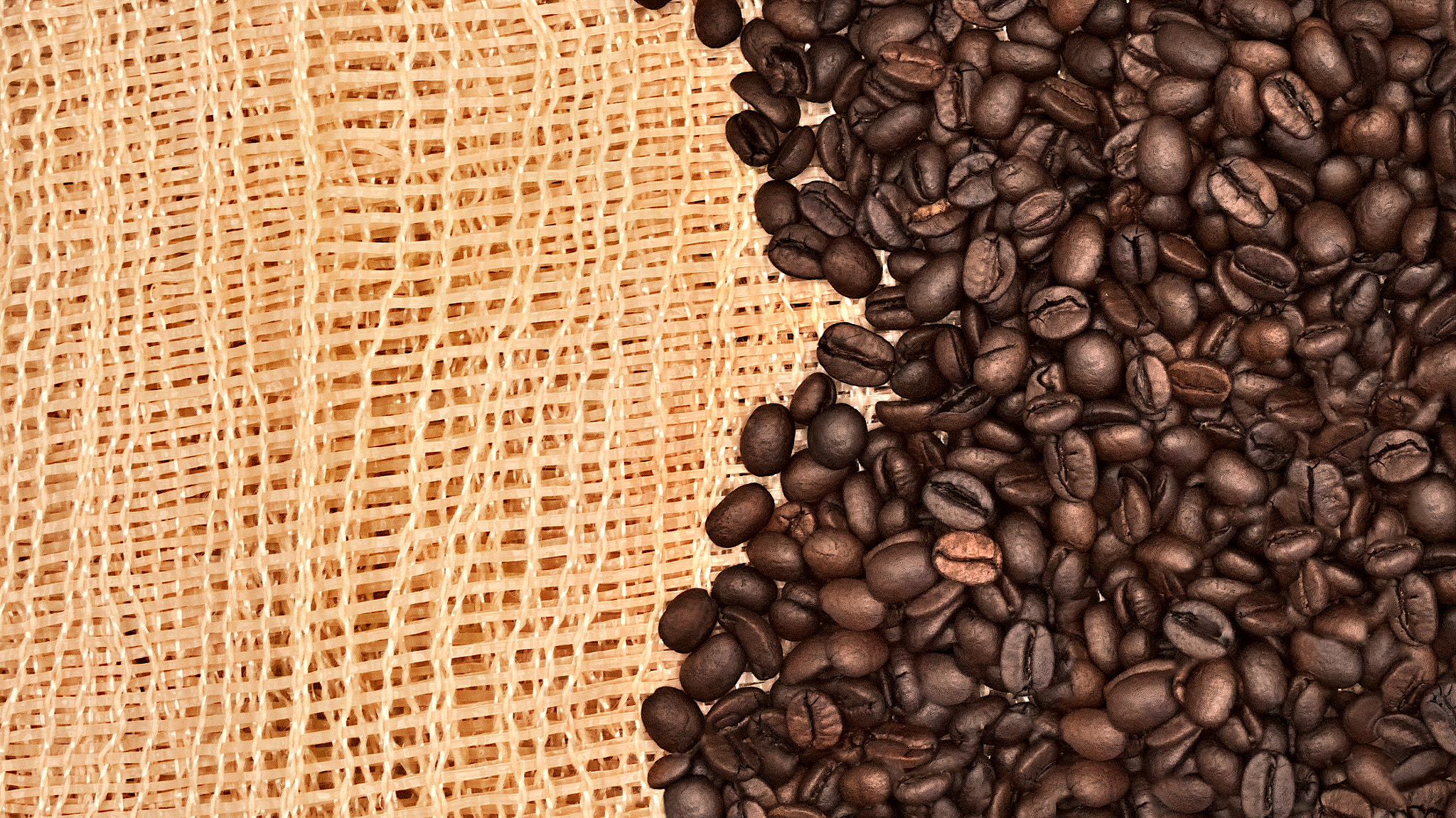 Coffee beans in a pile on a rustic sack texture. Close-up of a pile of coffee beans in a rustic sack