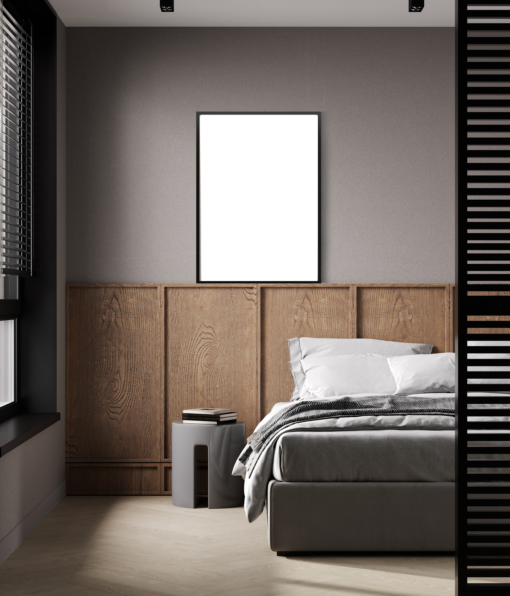 mock up poster frame in stylish bedroom interior background, 3D render, 3D illustration