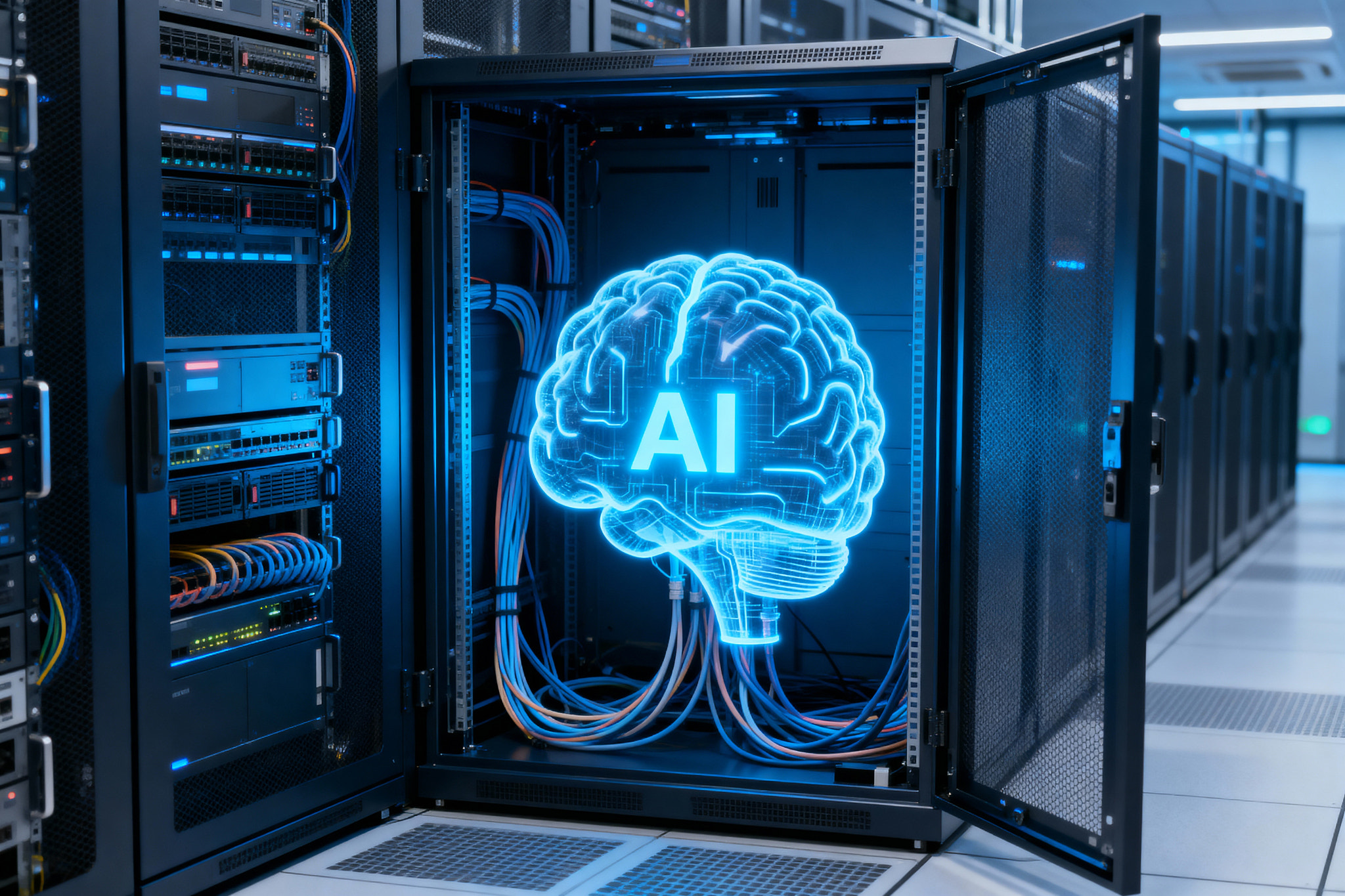 Artificial intelligence concept with glowing brain in a server room