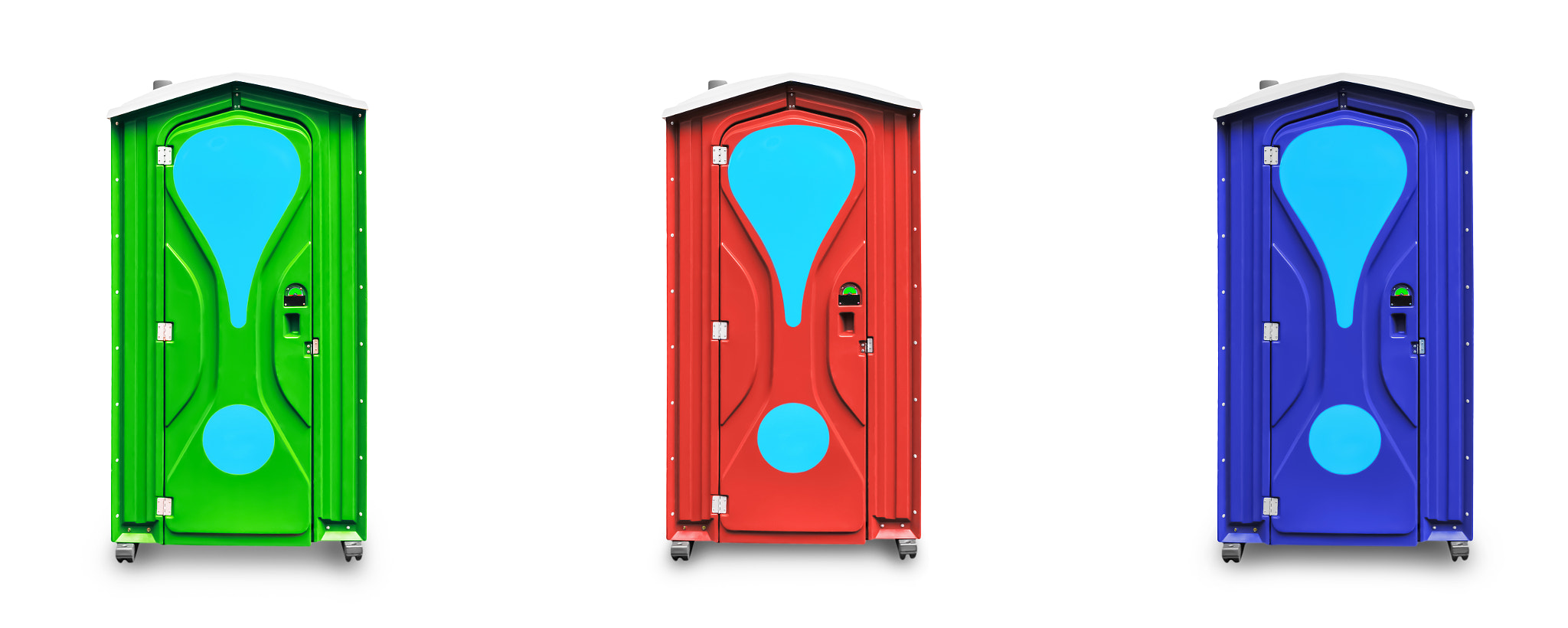 Red, blue, green portable toilet isolated on white, front facing, standing in a row