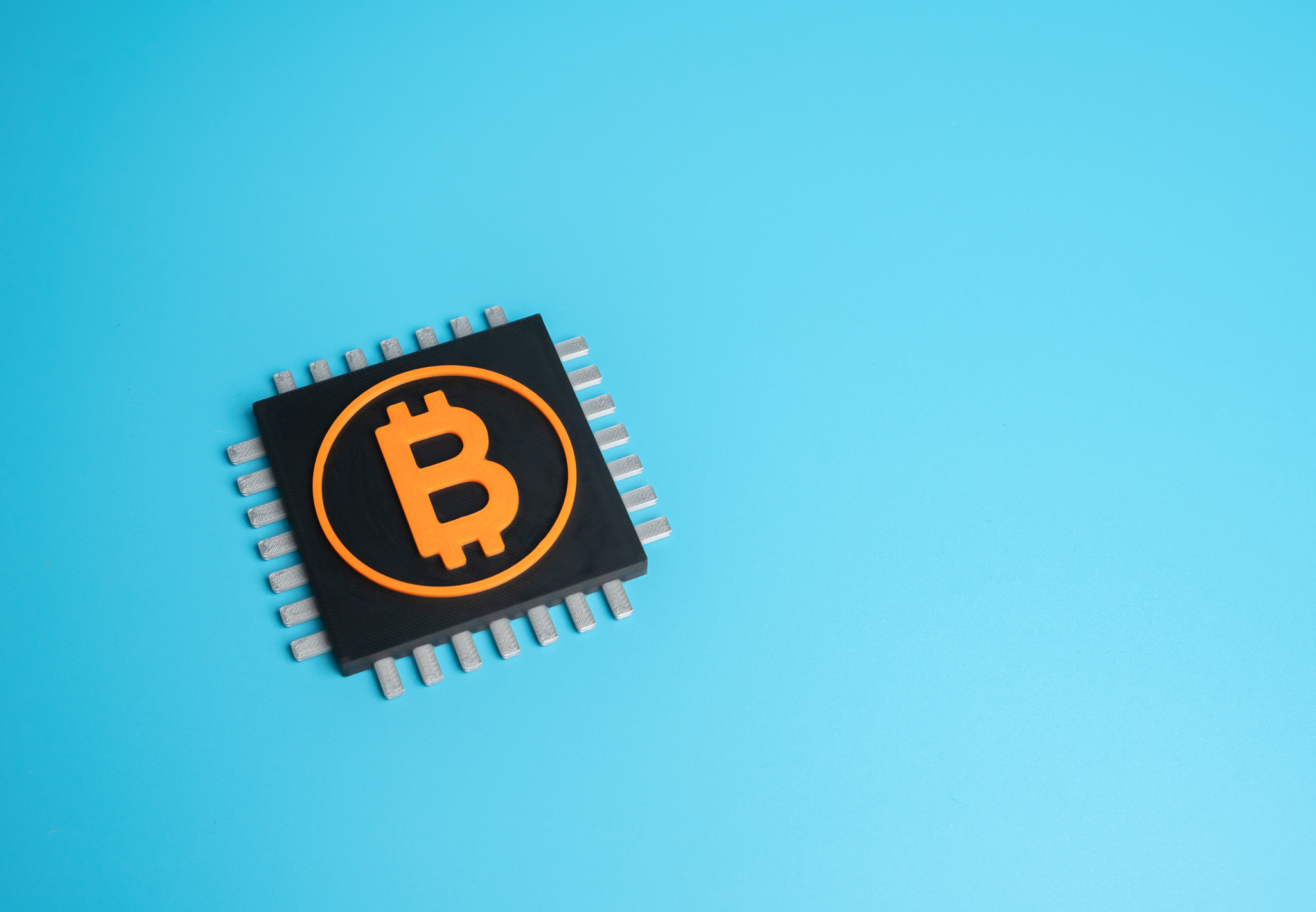 Bitcoin mining chip. Cryptocurrency infrastructure. Digital economy, blockchain technology, data pro