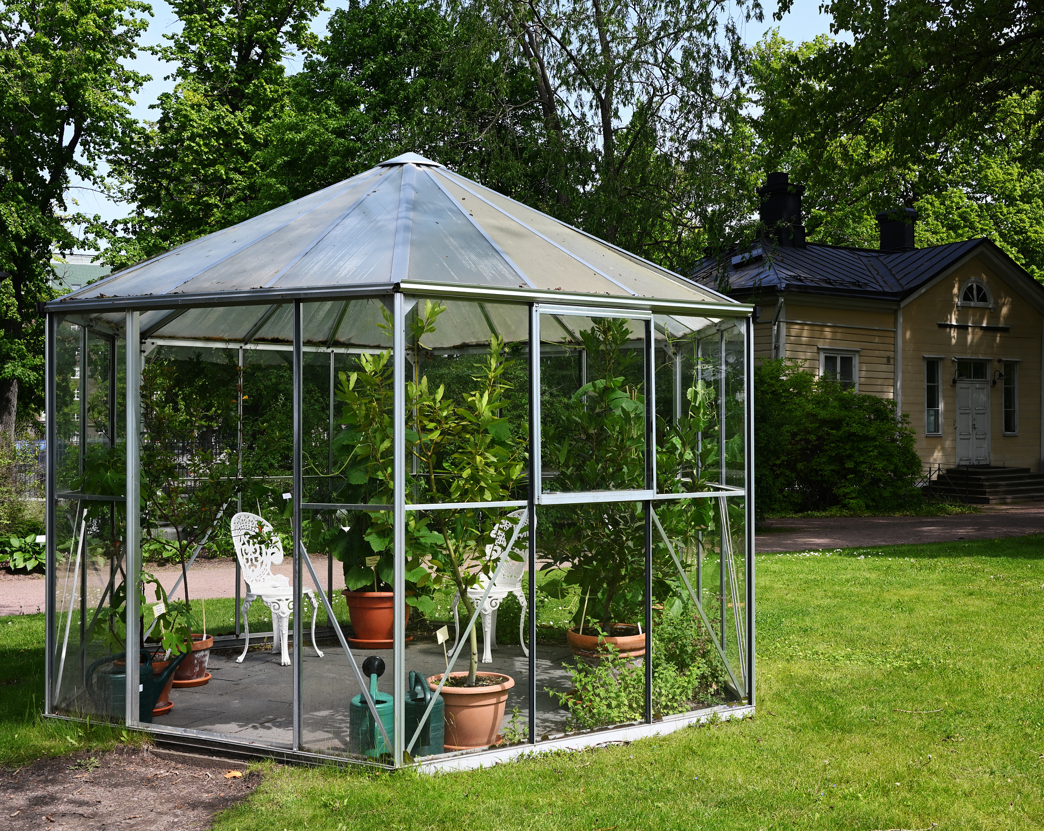 a small glass greenhouse filled with potted green plants