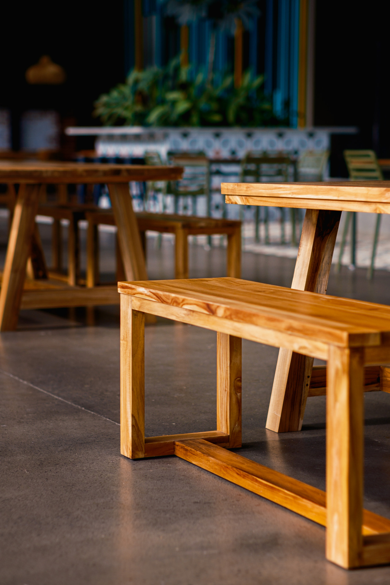 Wooden Benches in Modern Eatery