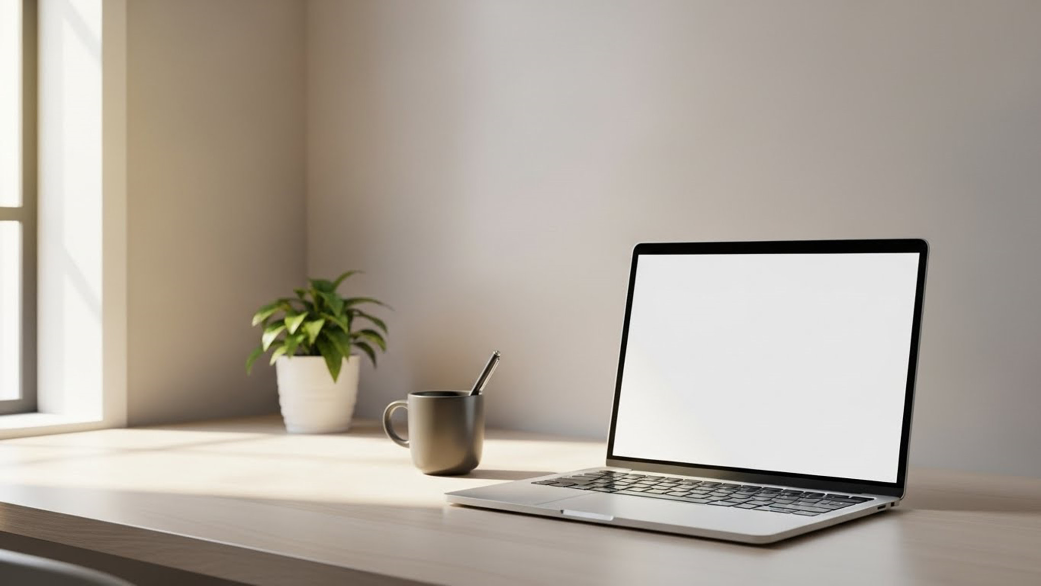 Minimalist Workspace with Laptop, Coffee Cup, and Notebooks on Wooden Desk