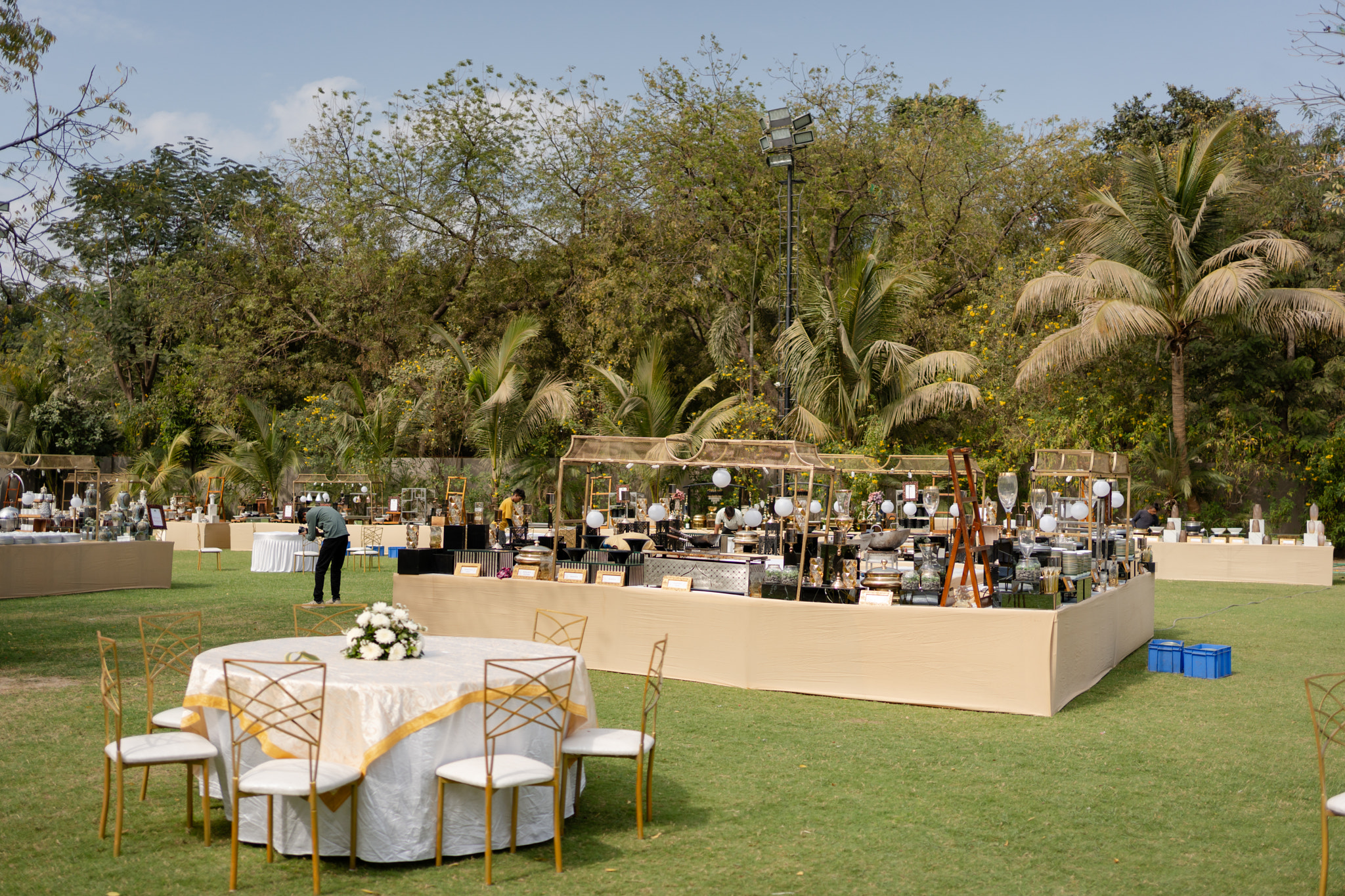 Luxury Elegant outdoor garden buffet reception with timeless black and gold elegance 