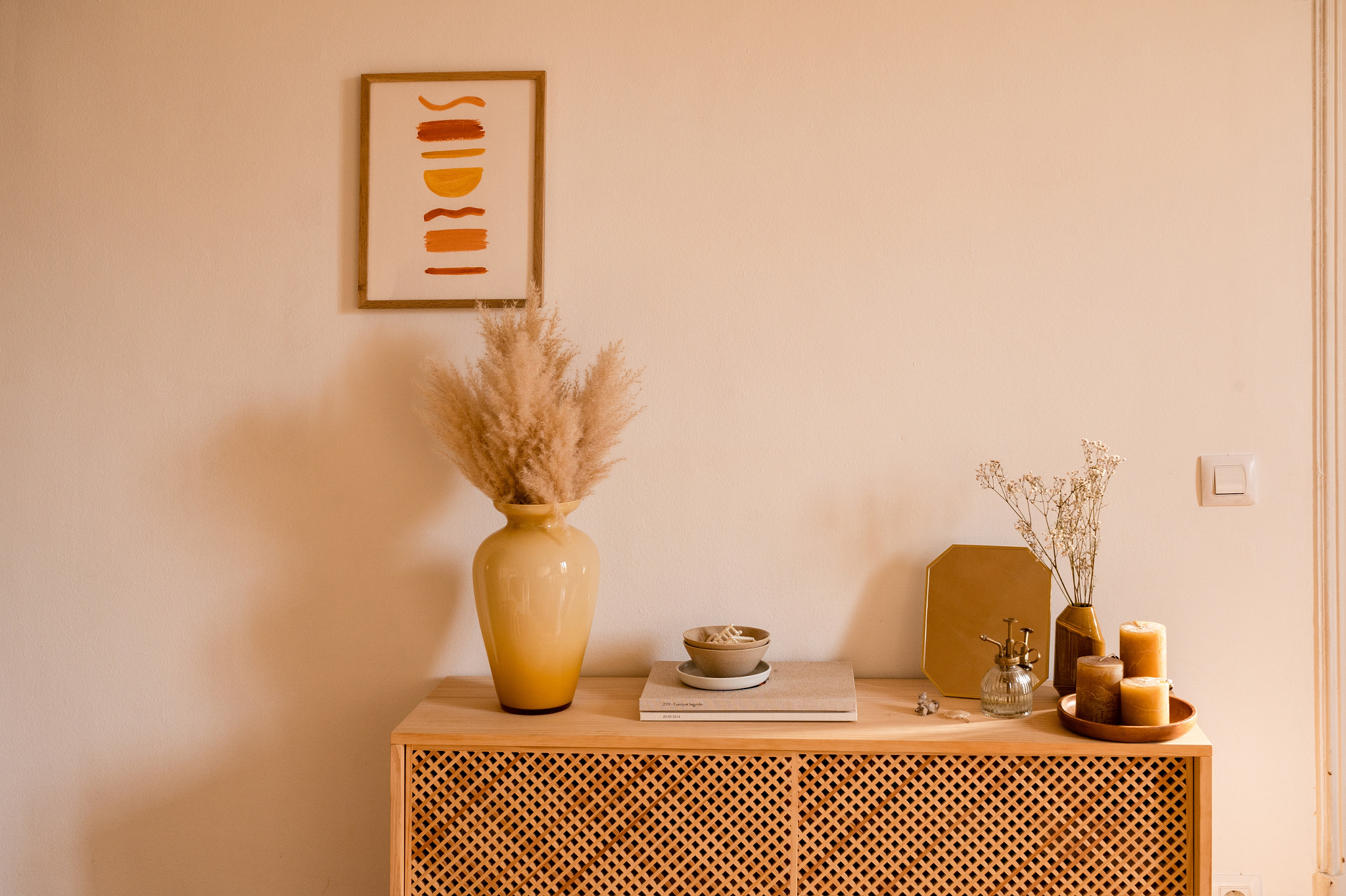 #V Empty vase by potted plant on table against wall at home