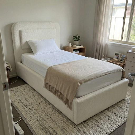 A Simple Beige Single Bed Frame with Extra Under-bed Space