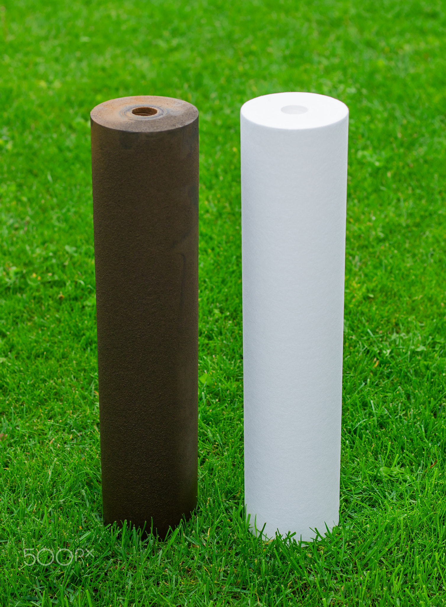 Outdoor water filters: dirty and clean. Selective focus.