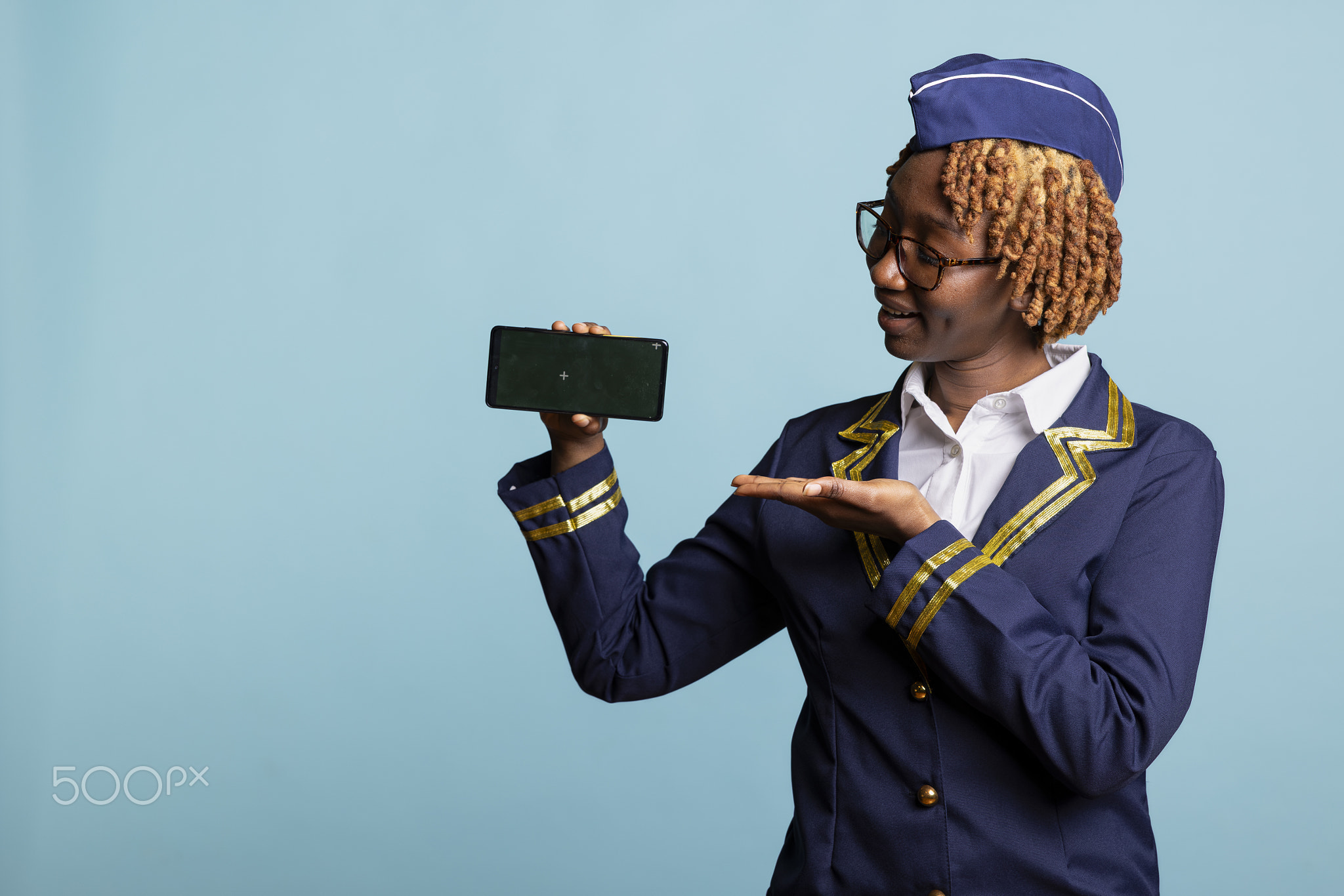 Air hostess presenting digital mockup for airline and travel promotions