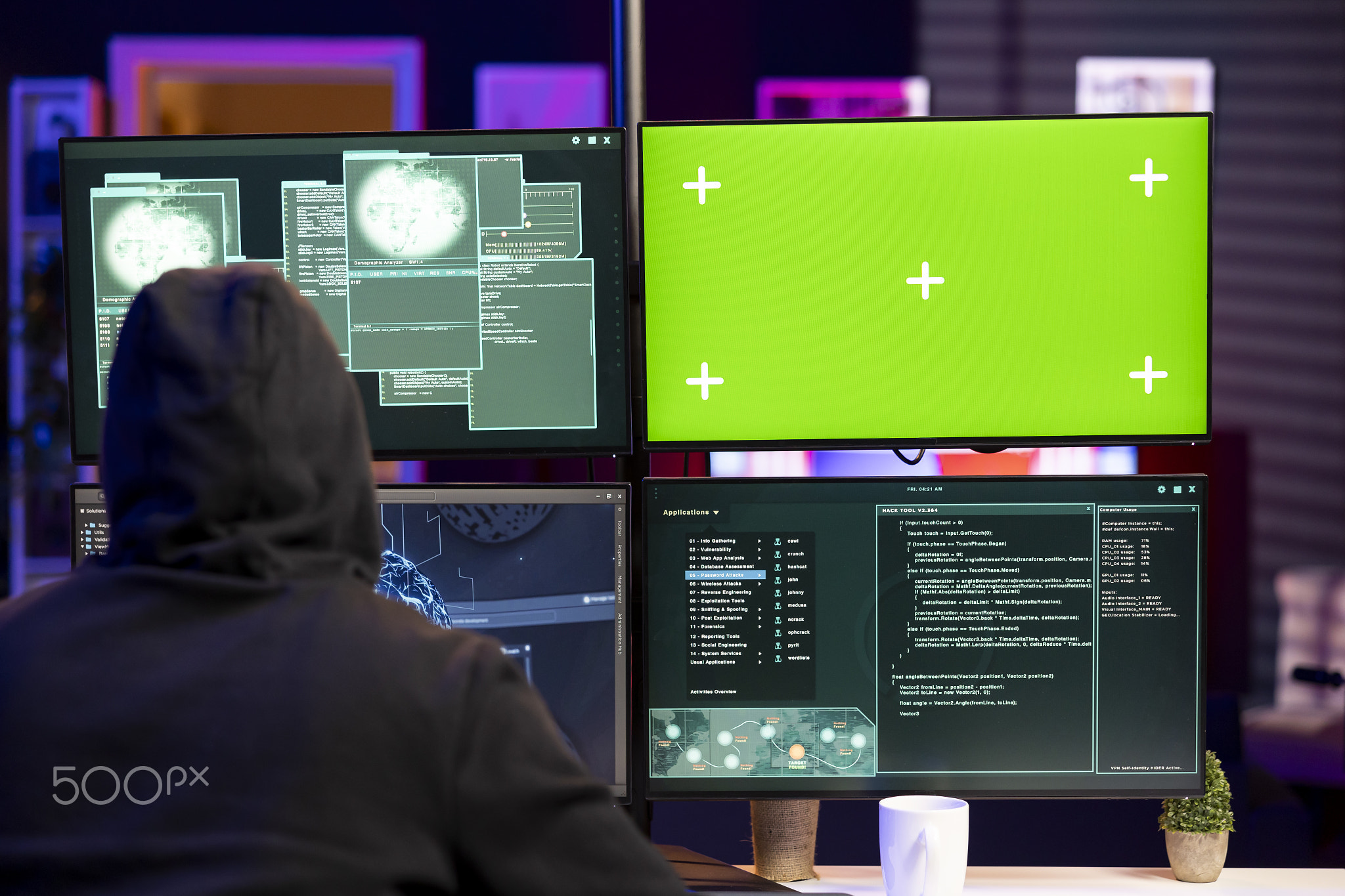Hacker doing phishing attacks using green screen PC, tricking users