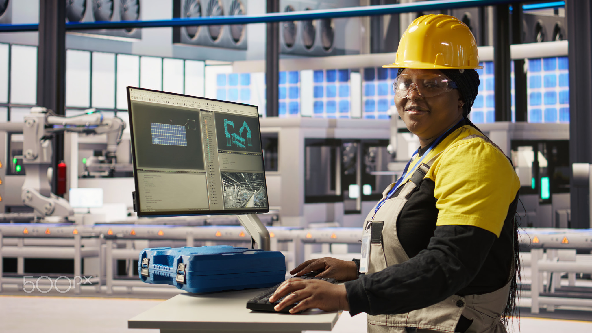 Portrait of cheerful factory engineer typing on PC, monitoring production lines