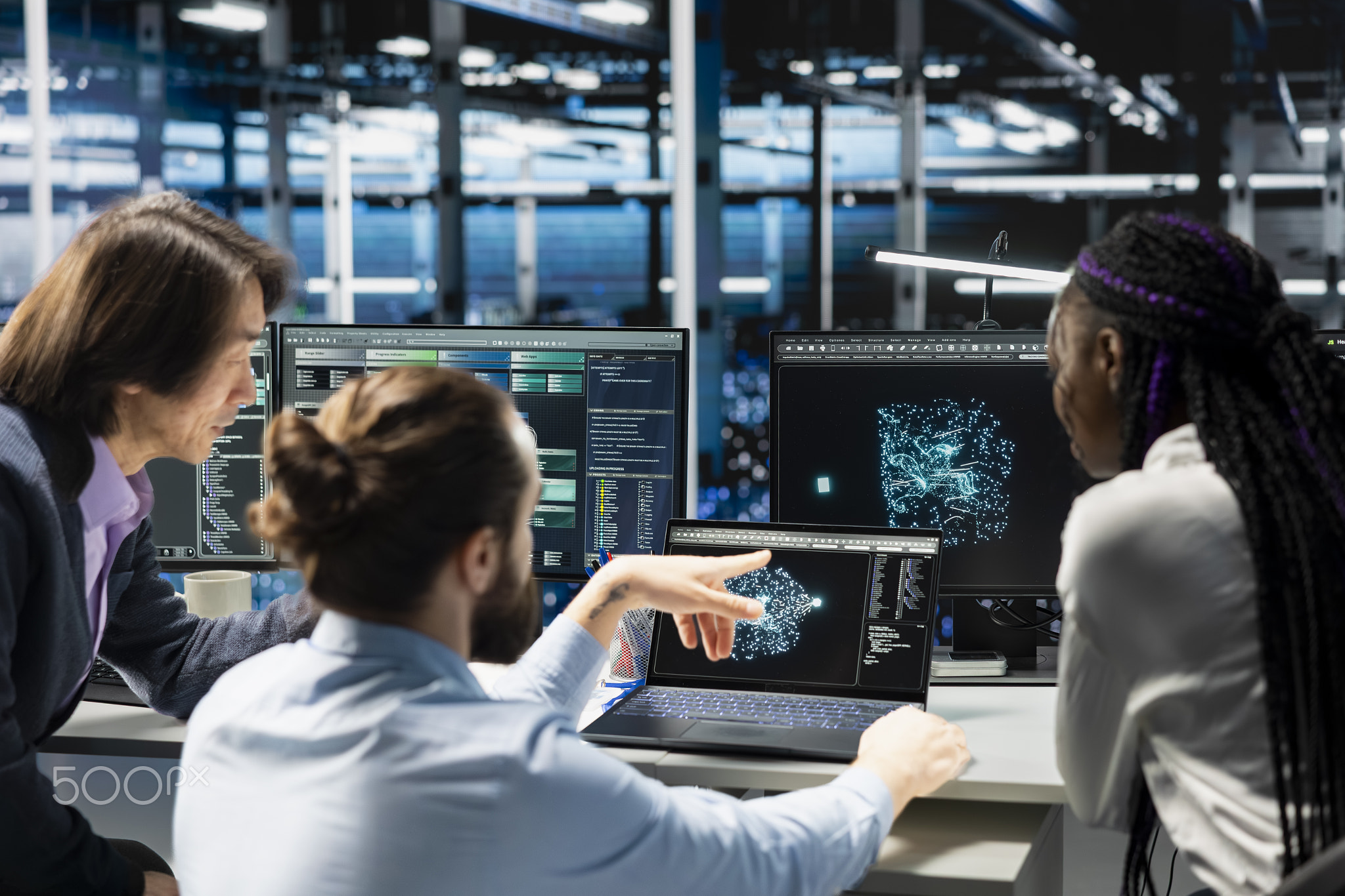 Team of programmers brainstorming in data center, optimizing equipment for AI