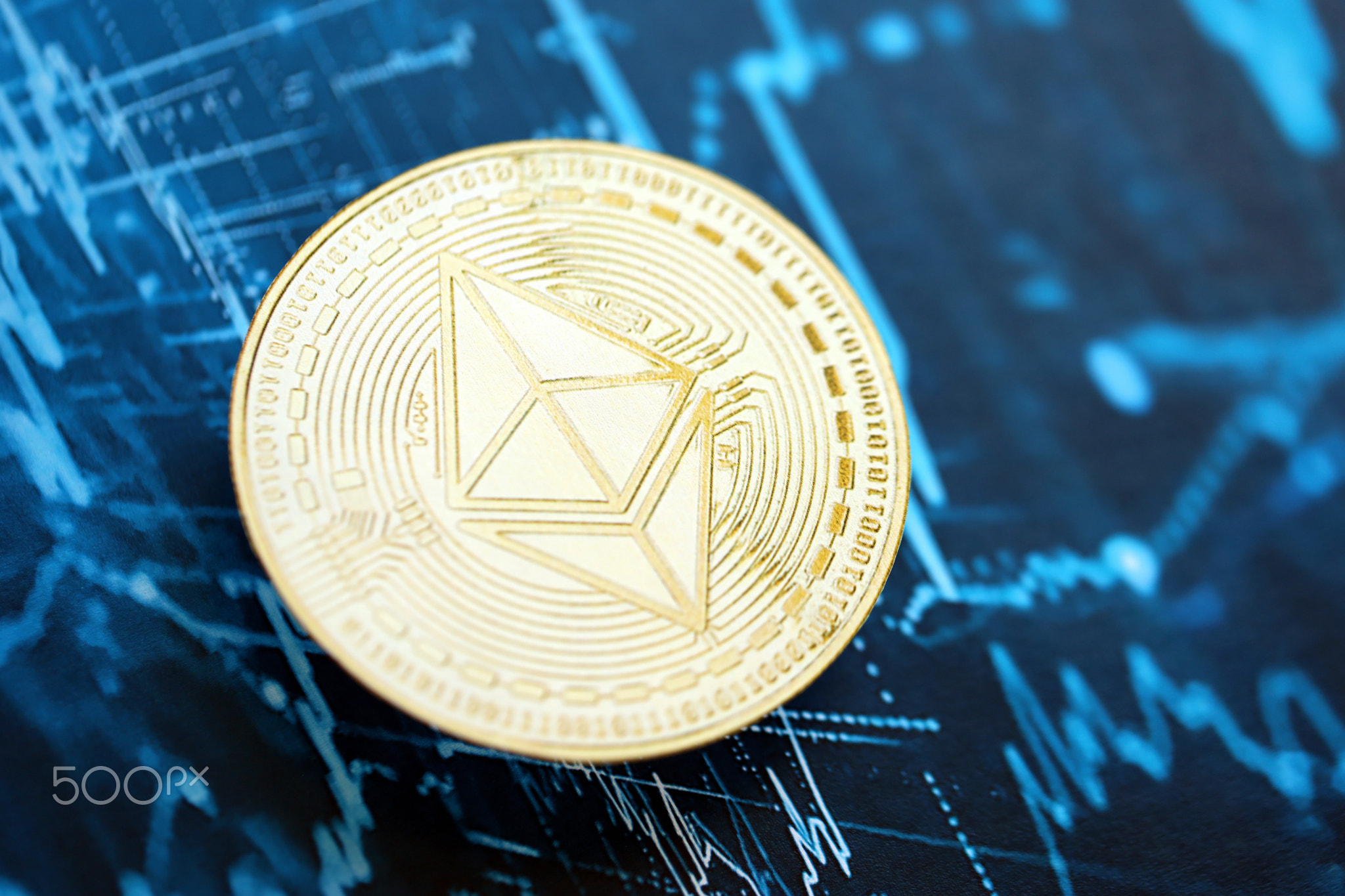 Ethereum ETH coin on abstract fictional cryptocurrency trading chart in blue color