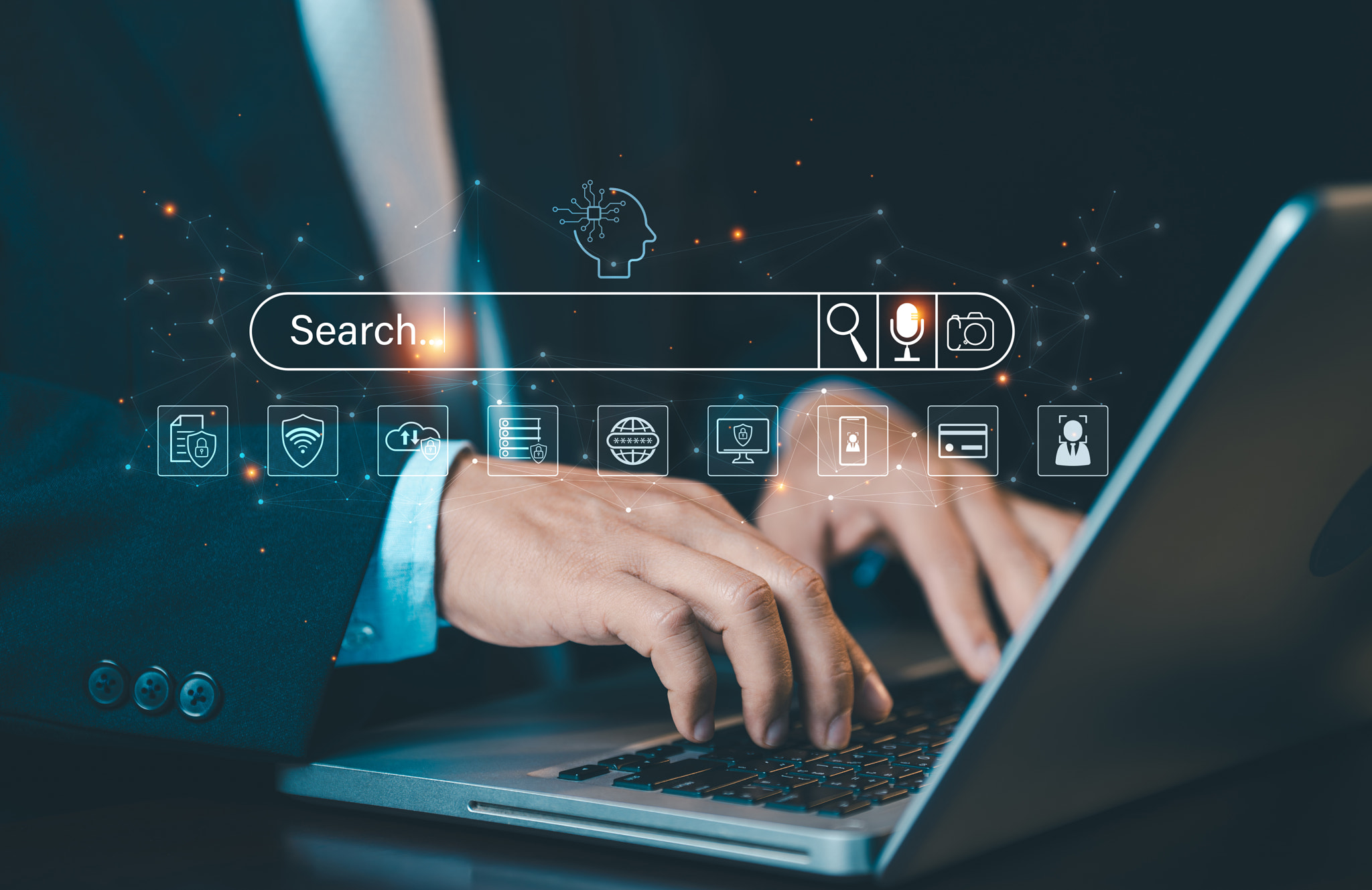 Hands typing on laptop with digital search bar and AI icons. Concept of SEO, information searching, 
