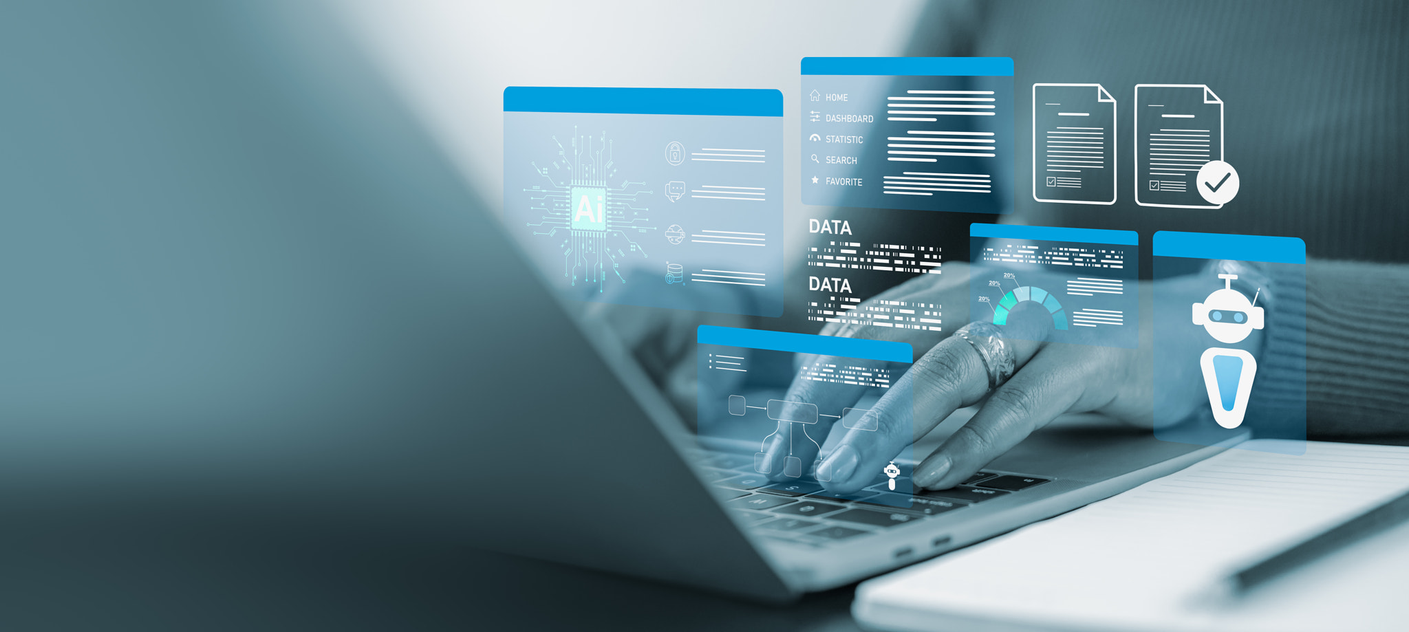 AI and artificial intelligence technology empower business professionals using a laptop to process l