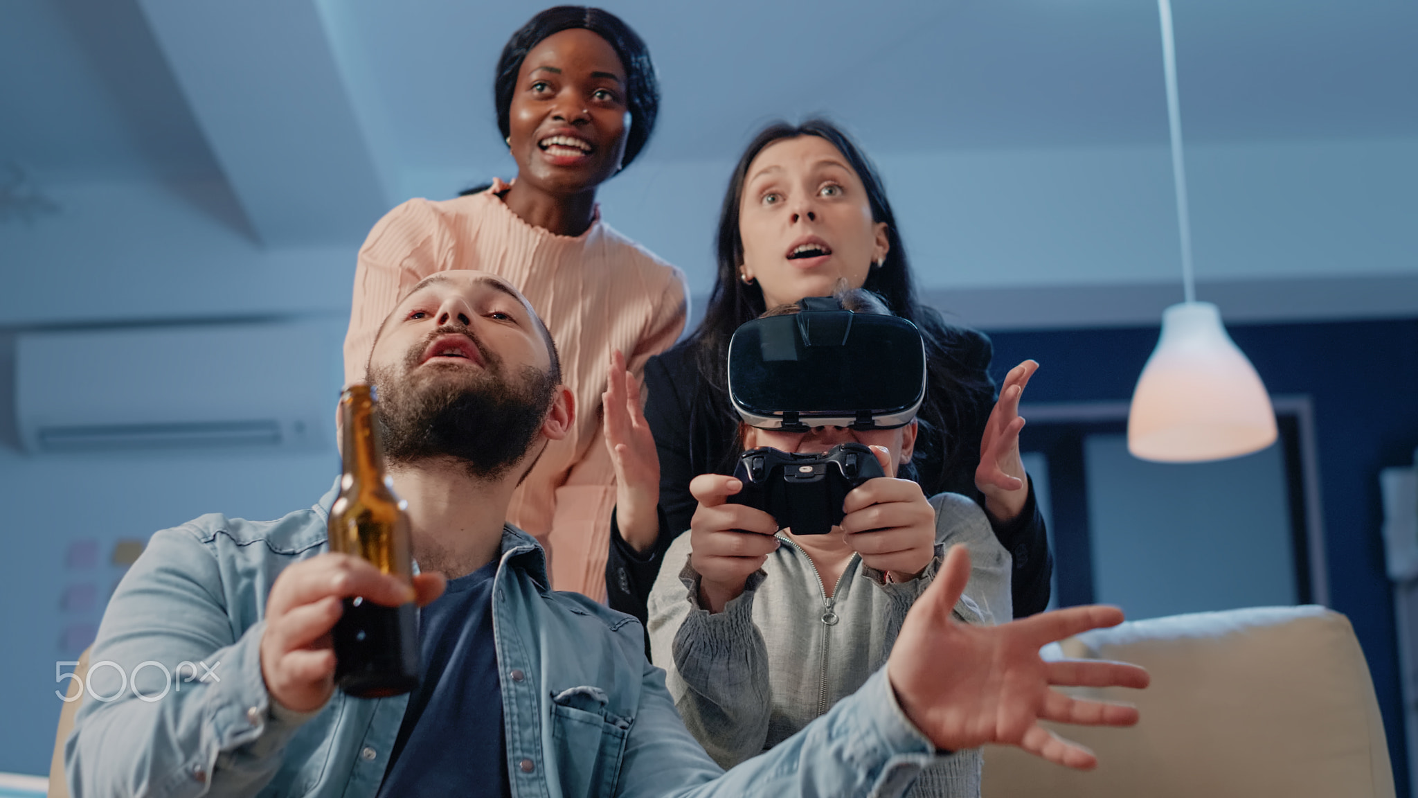 Woman with vr glasses and controller losing at video games