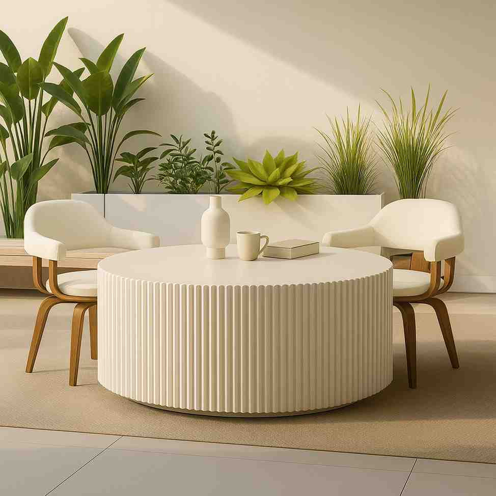 Luxury White Fluted Drum Coffee Table | Modern Minimalist Interior