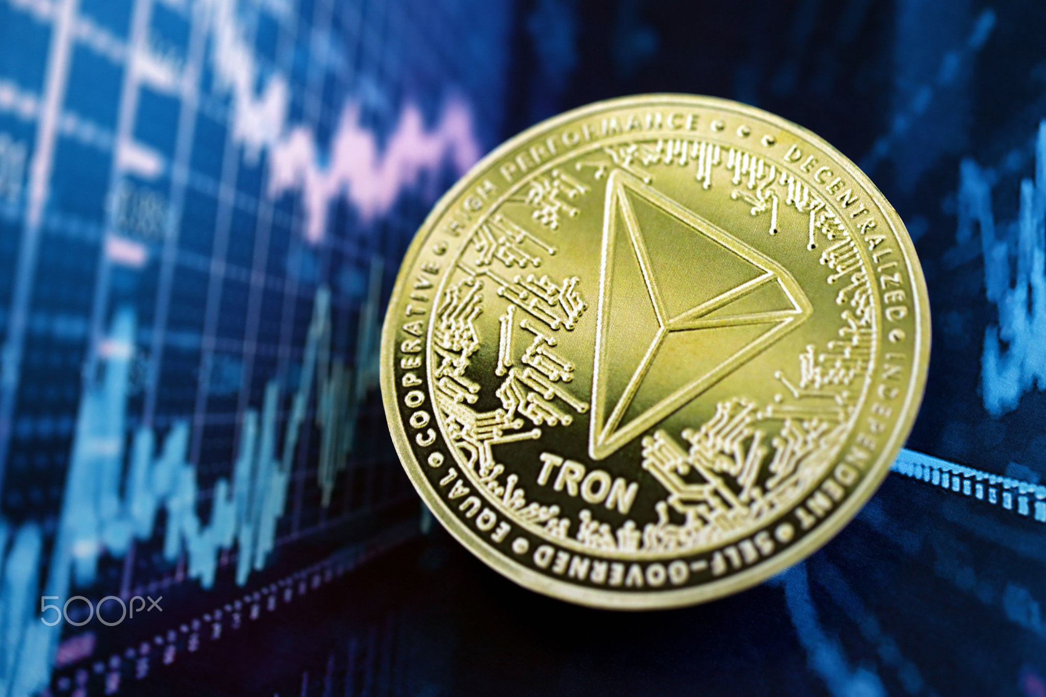 TRON Coin on abstract fictional cryptocurrency trading chart in blue color