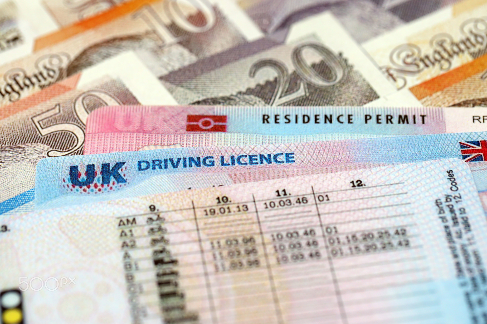 United Kingdom driving license with residence permit card on UK money