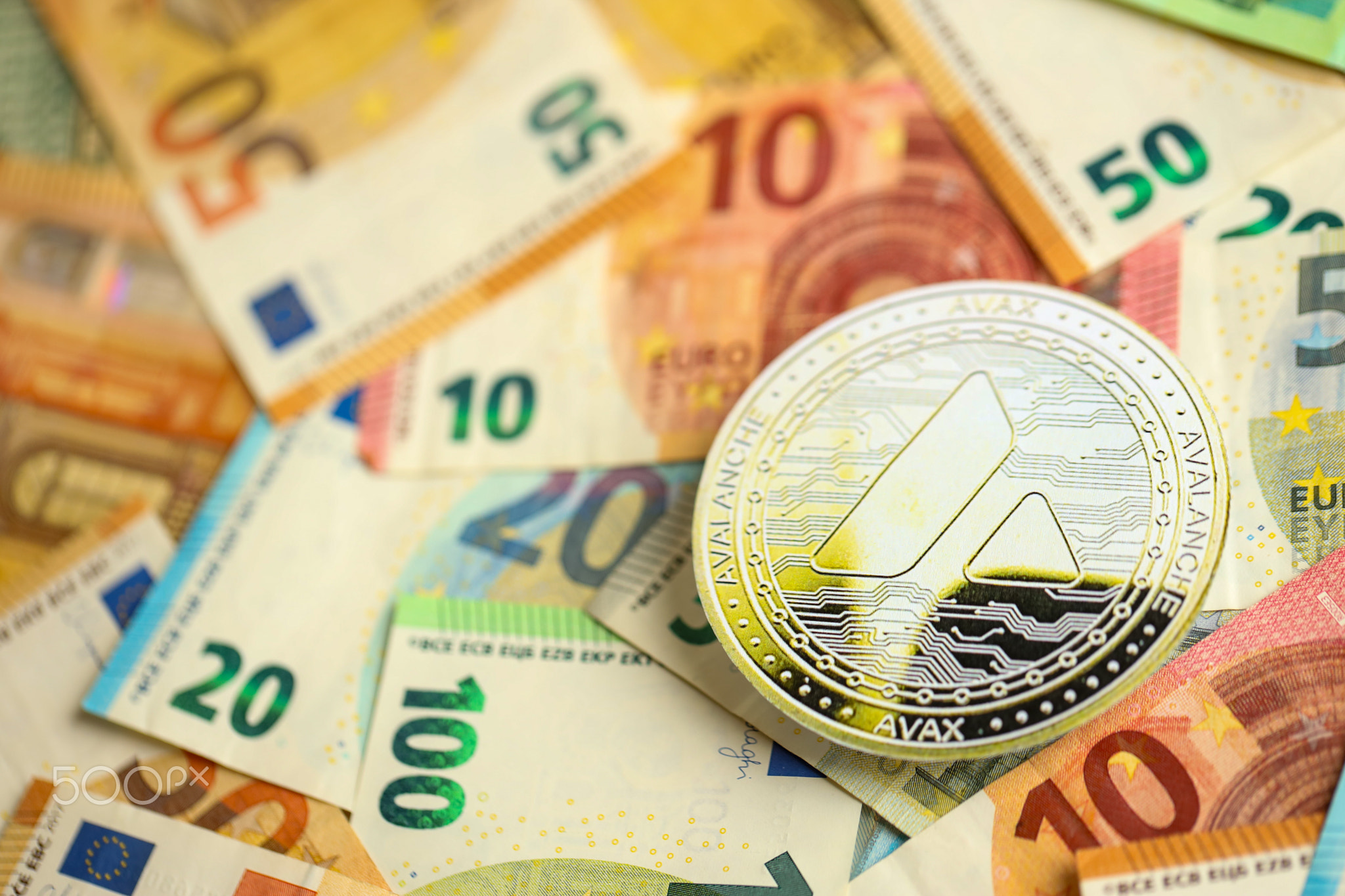 Avalanche AVAX coin with big amount of european euro bills