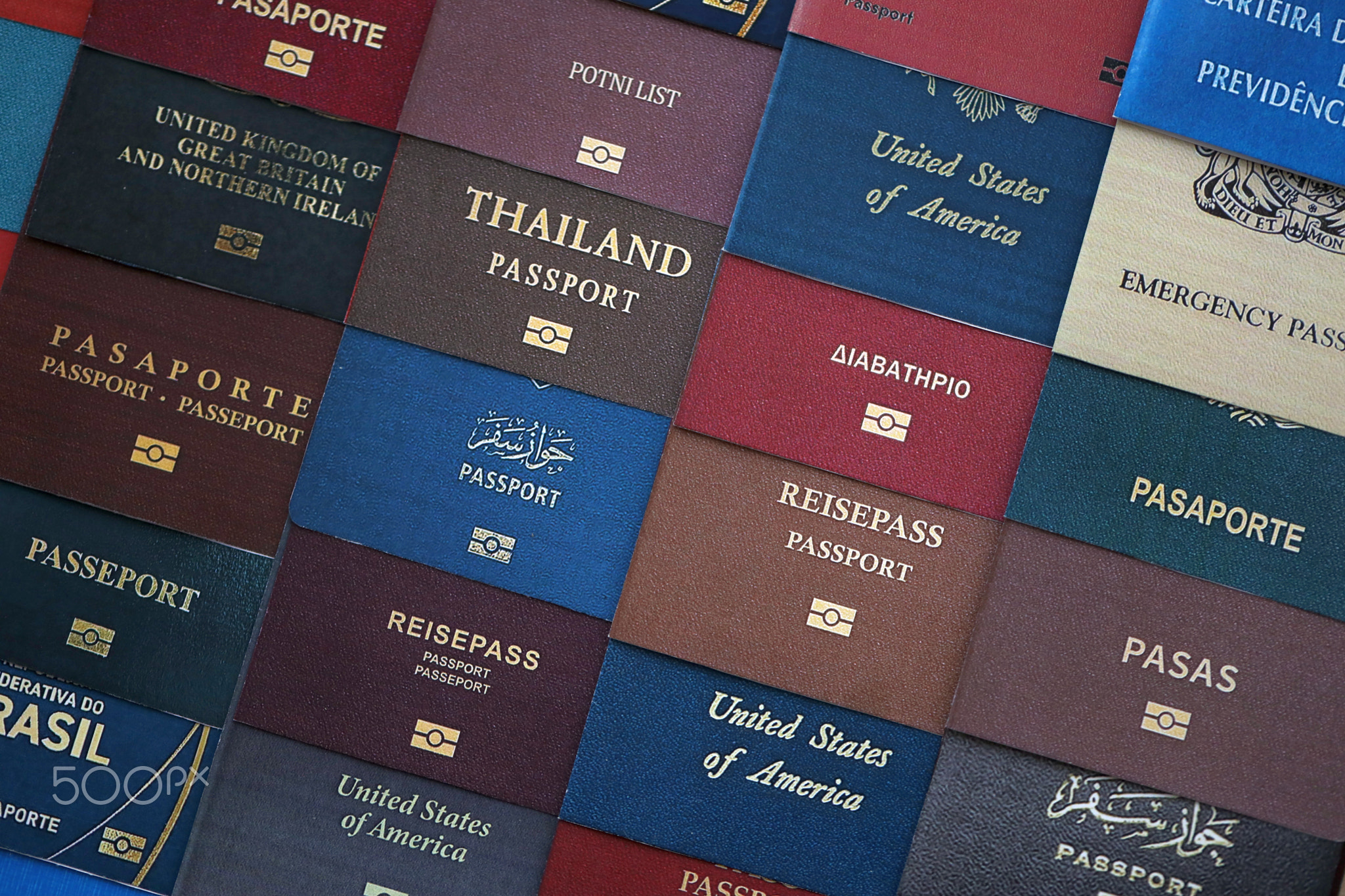 Big amount of passports of various different countries. Covers of expired passports close up