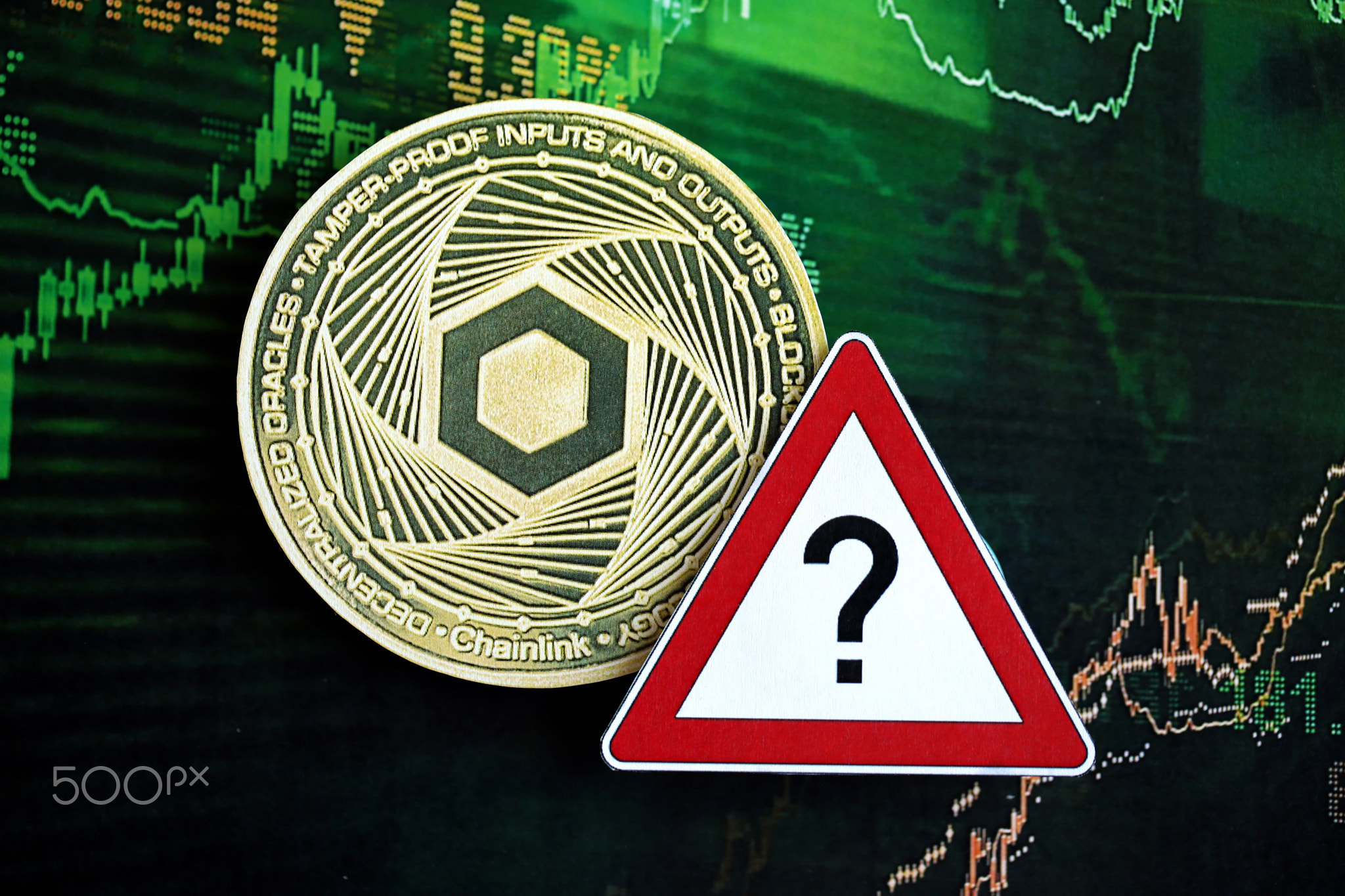 Chainlink LINK coin and red paper question sign on chart background