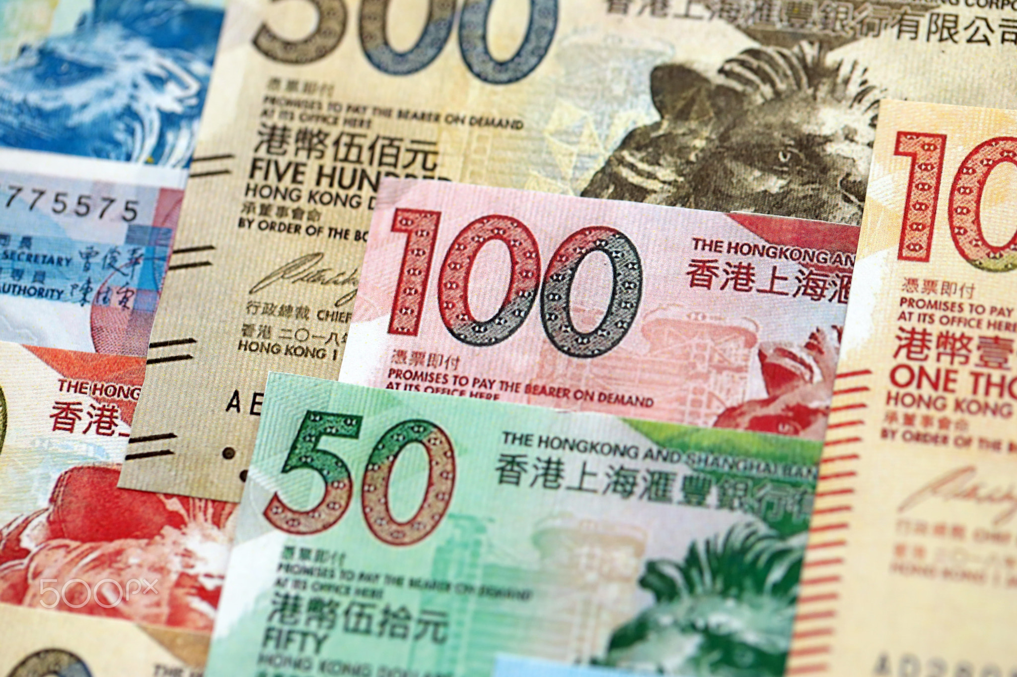 Big pile of Hong Kong dollars money bills banknotes. Lots of money of Chinese Hong Kong HKD cash