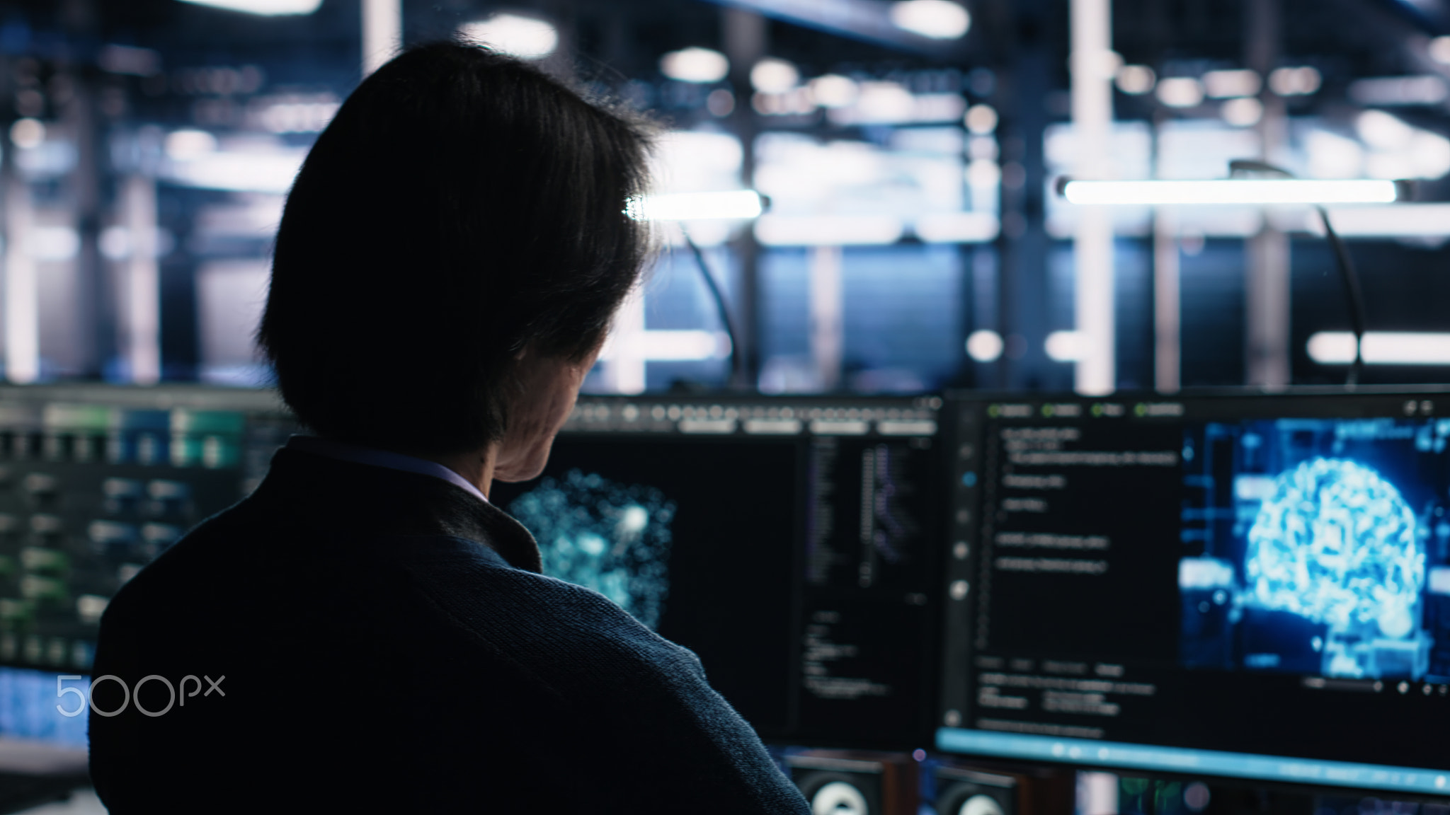 Data center system administrator working on artificial intelligence neural network