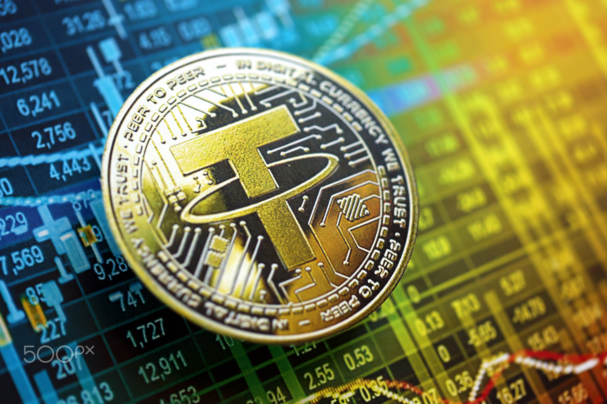Tether USDT coin on cryptocurrency trading chart with calculations in different colors