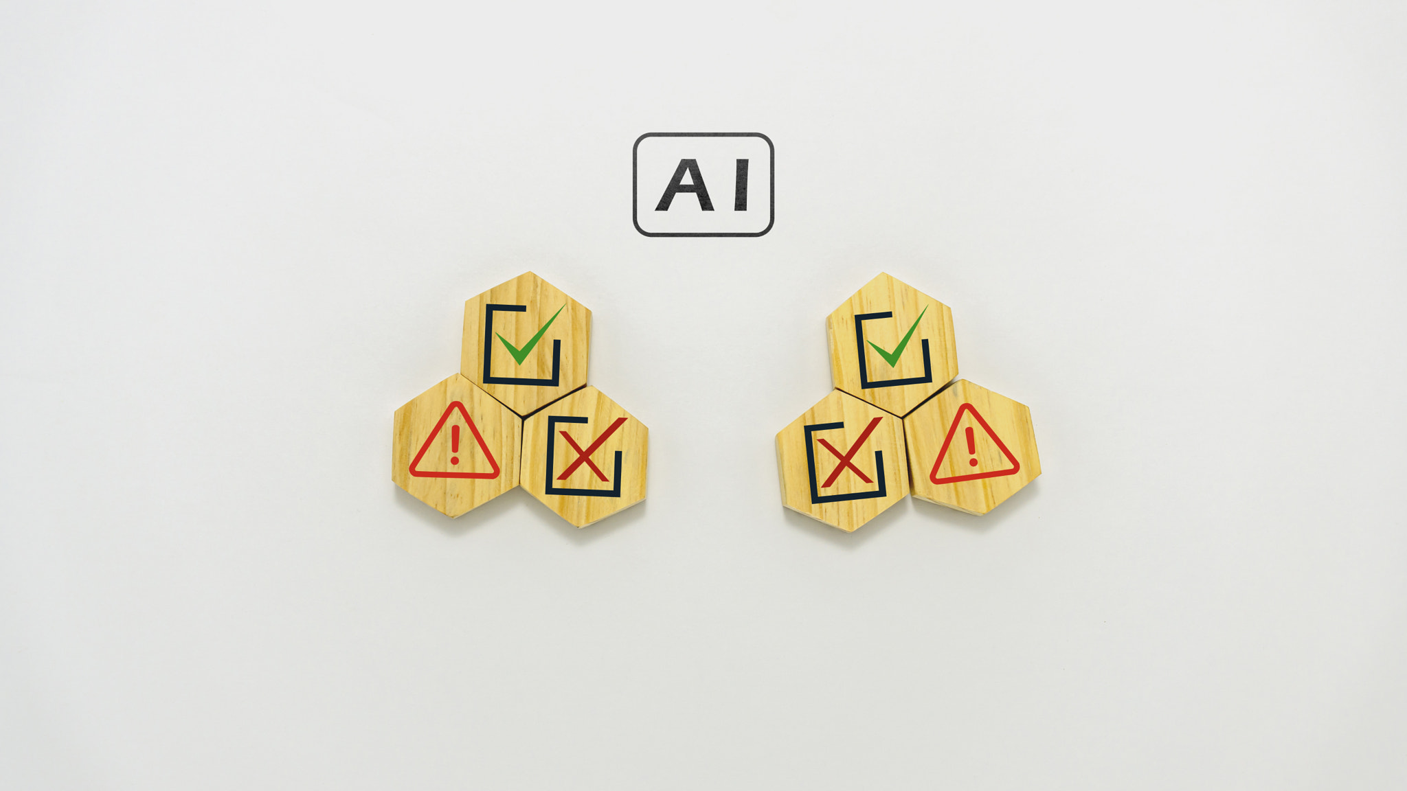 AI risk management and safety concept with checklist and alert icons with wooden cube on white backg