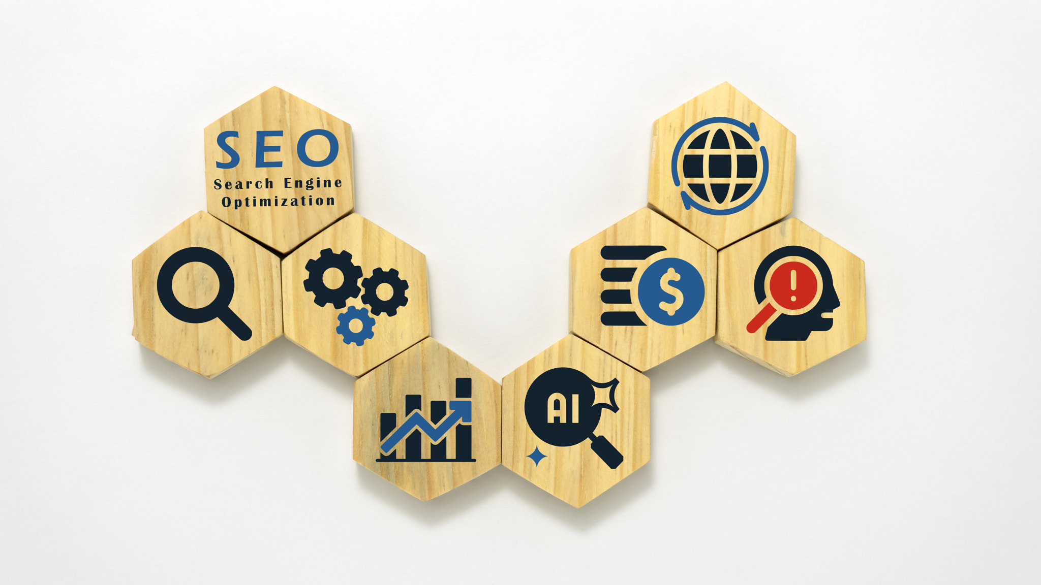 Search engine optimization (SEO) concept with AI, analytics, growth, and strategy icons.