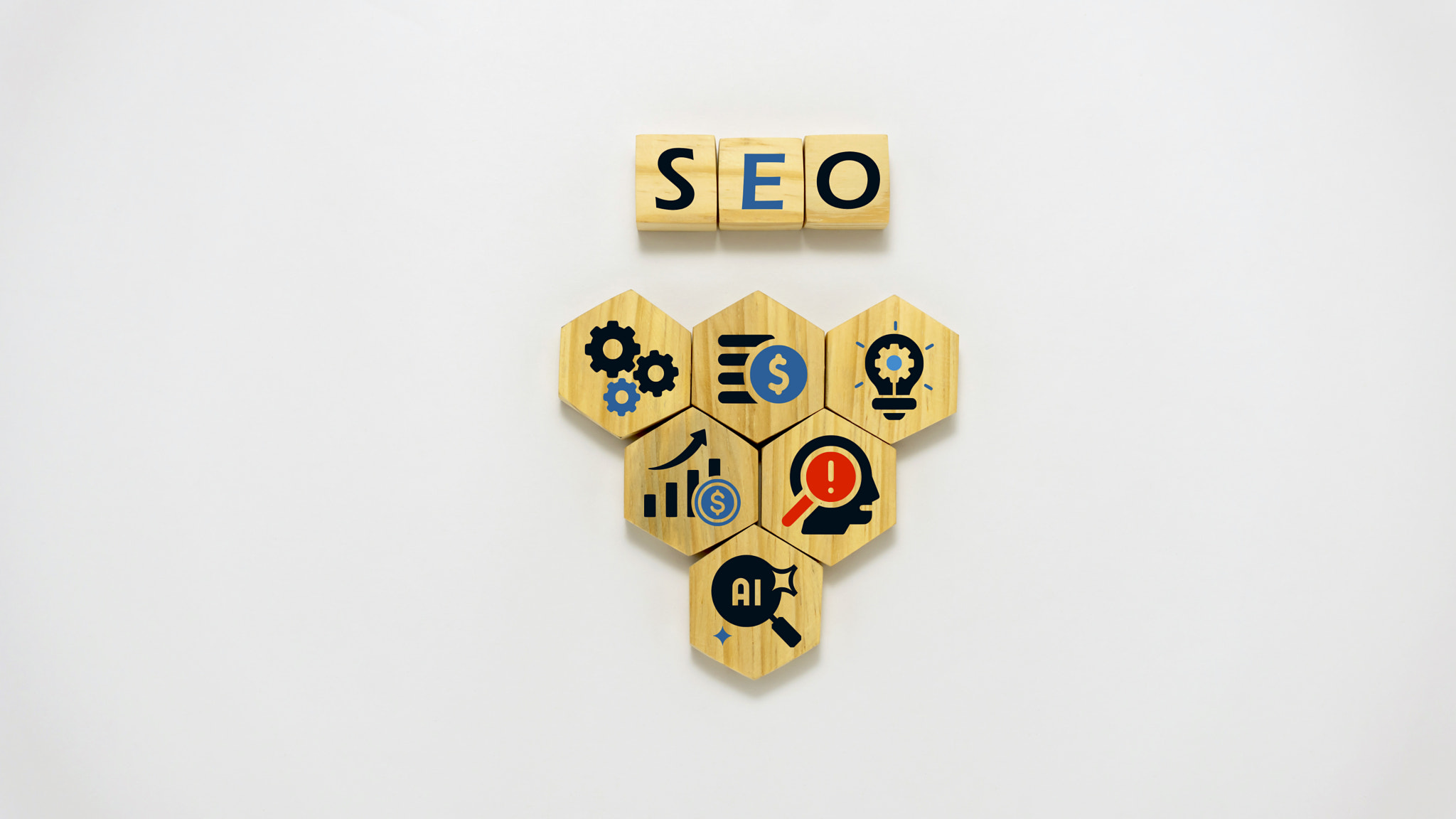 Search engine optimization (SEO) concept with AI, analytics, growth, and strategy icons.