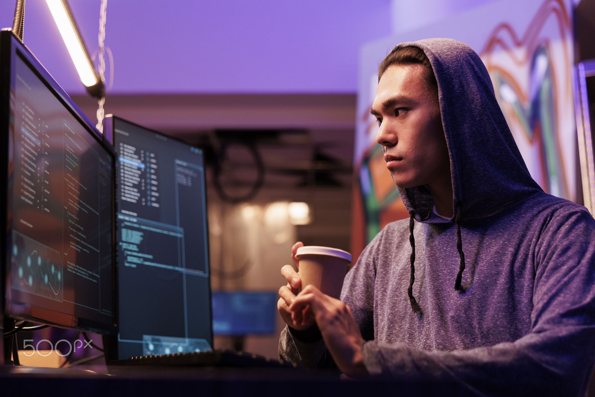 Hacker with coffee doing ddos attack