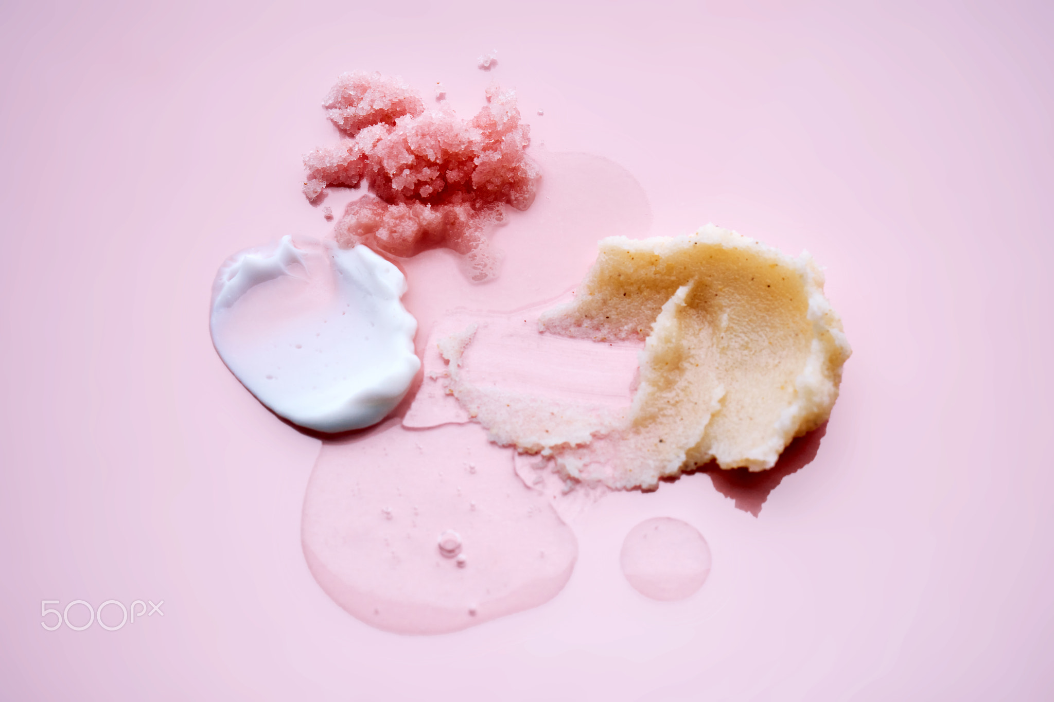 Cosmetic product swatches showing skincare textures and innovation
