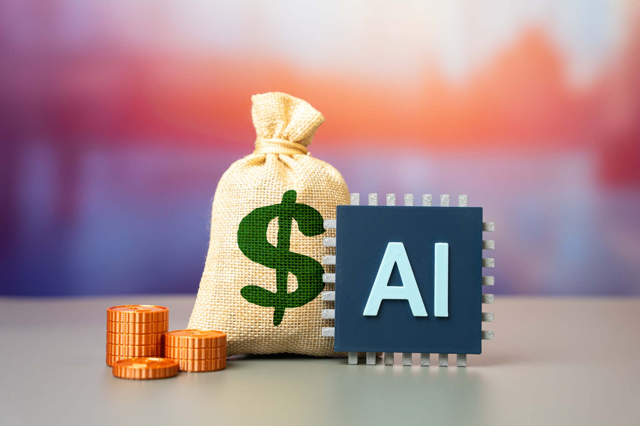 An AI chip and a dollar bag of cash. Investments in AI technology. Increased revenue after integrati
