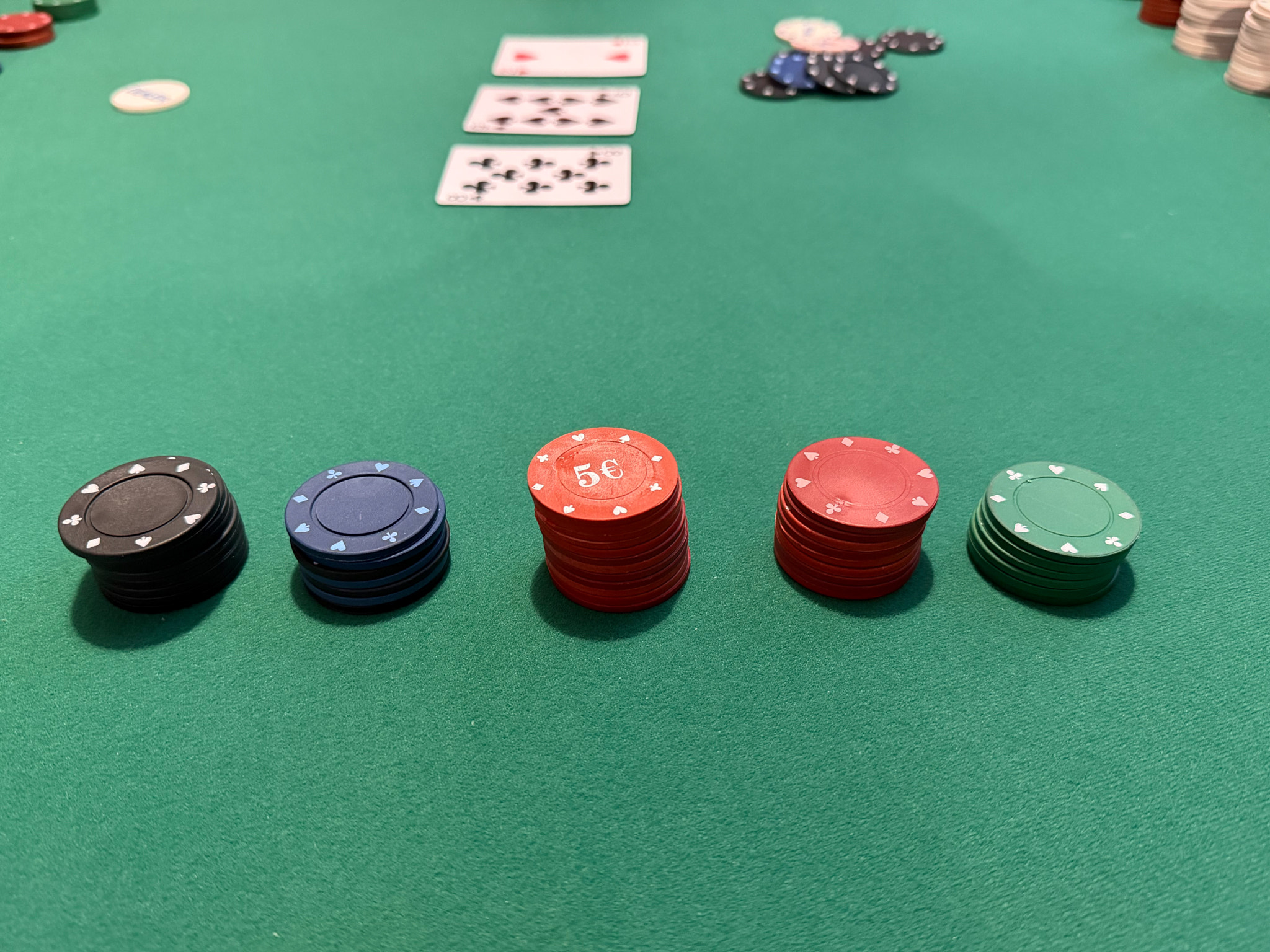 Poker game at the green table with chips and cards