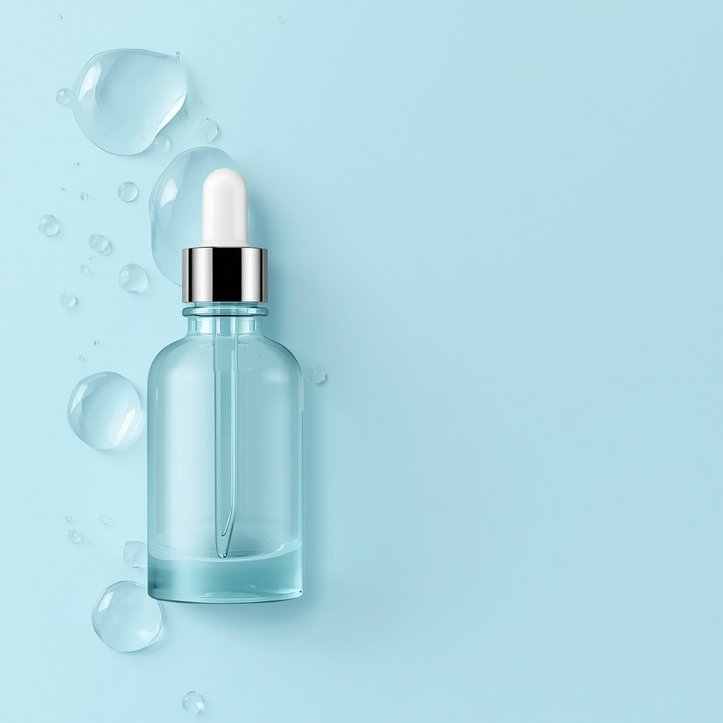Hydrating glass serum dropper bottle on soft blue background with water droplets and copy space