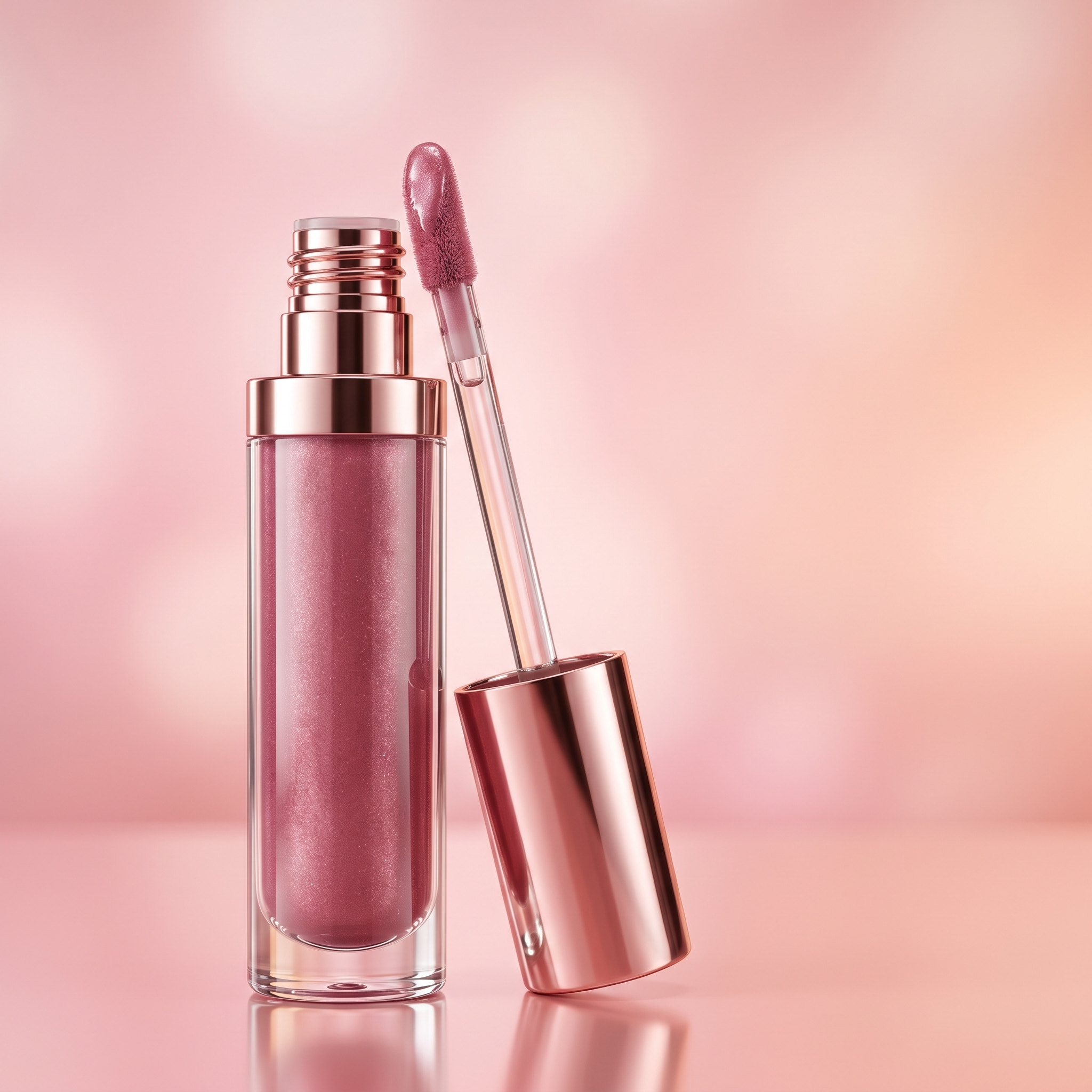 Luxury Liquid Lip Gloss with Glossy Reflections on Soft Pink Background