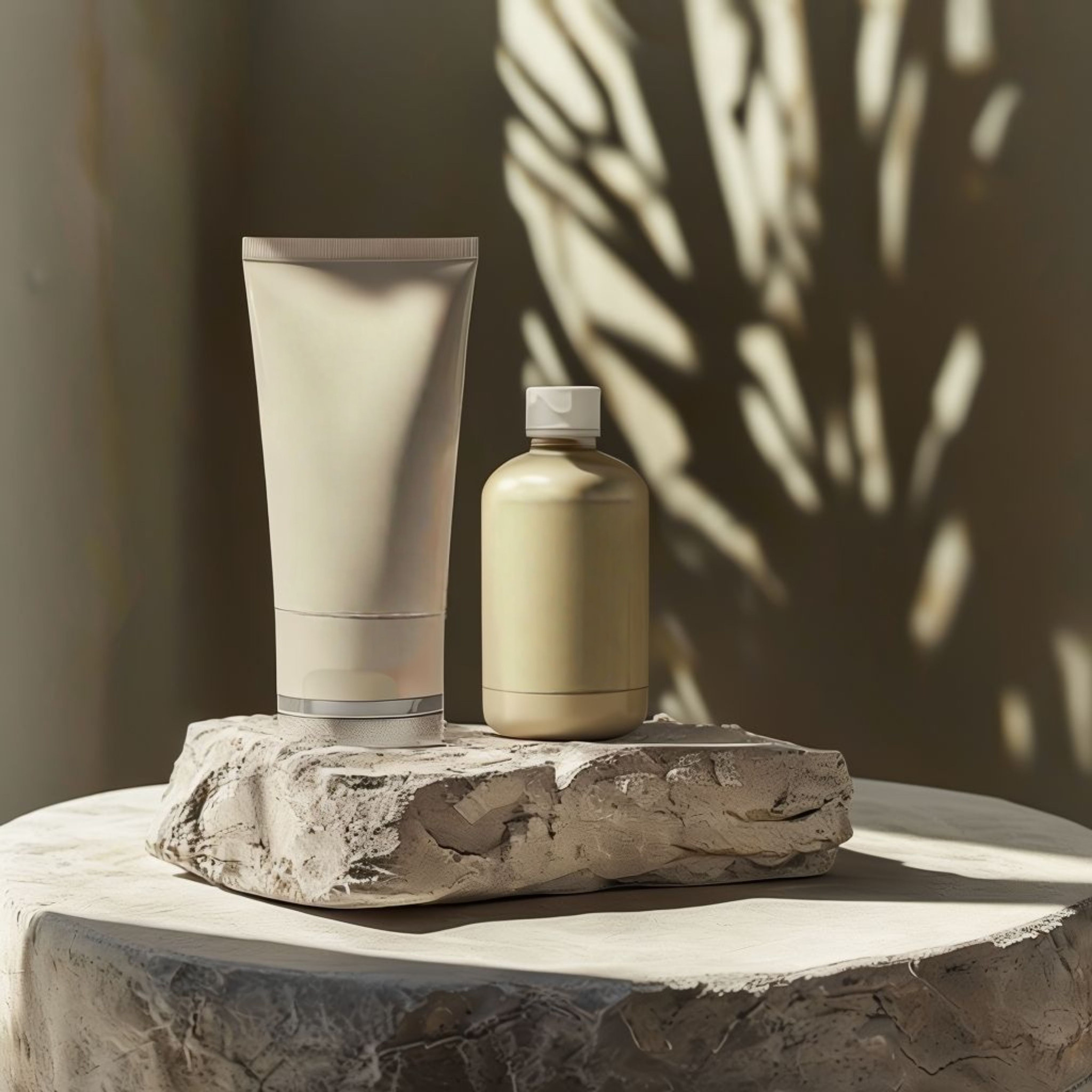 Organic Luxury Skincare Packaging on Natural Stone Pedestal.