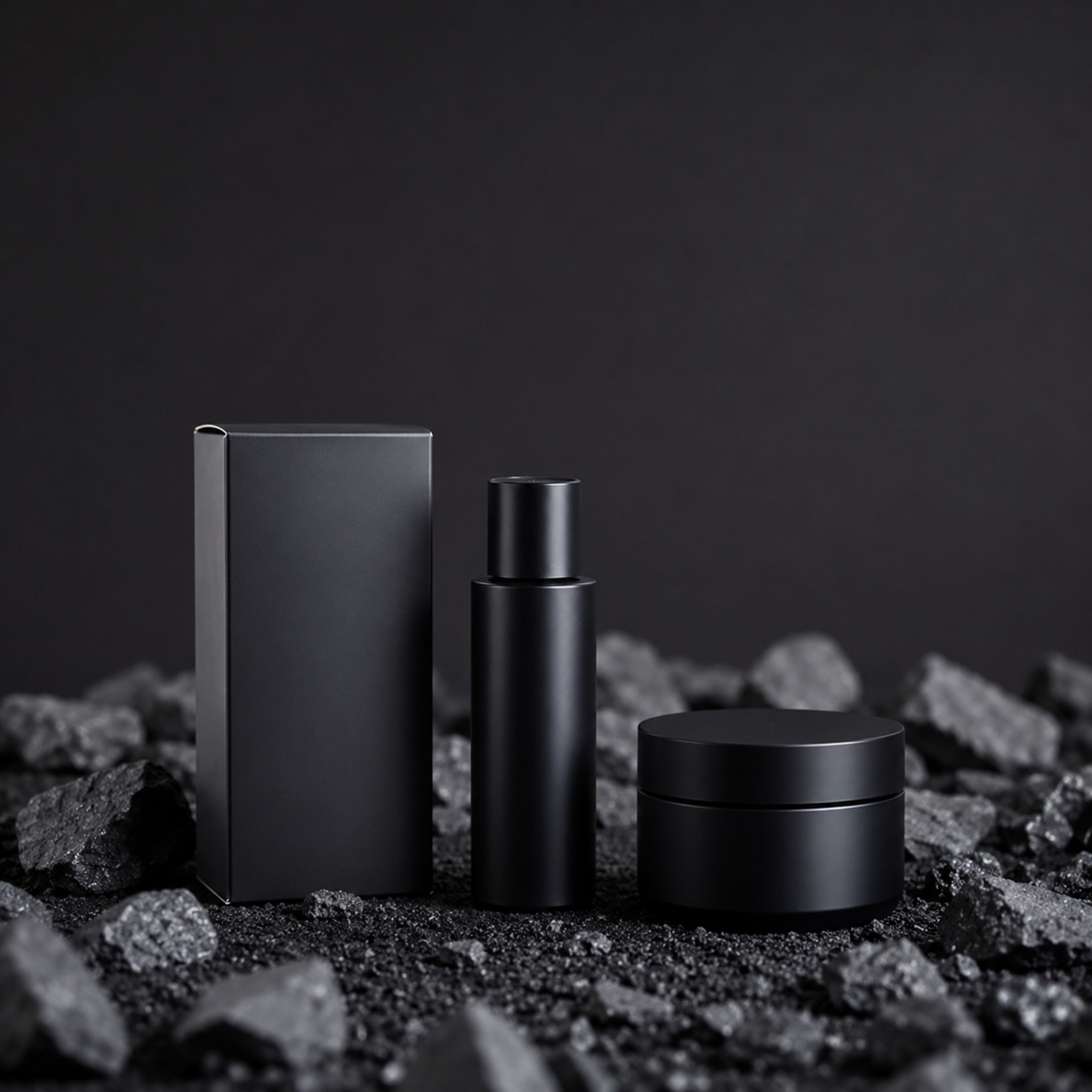 Luxury Black Skincare Packaging Mockup on Dark Stone Background.