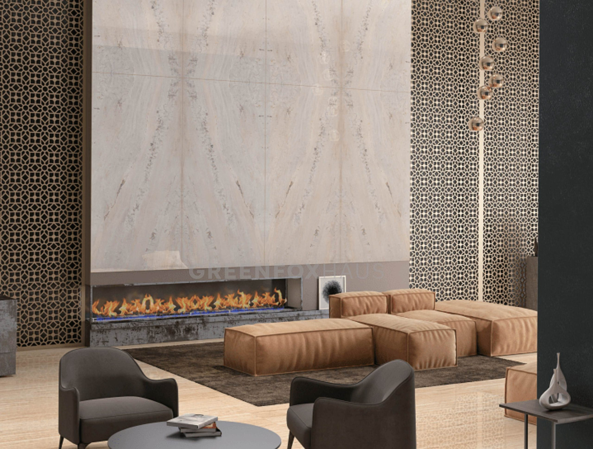 Seamless Elegance: Light Cream Travertine Slab in Modern Minimalist Interior