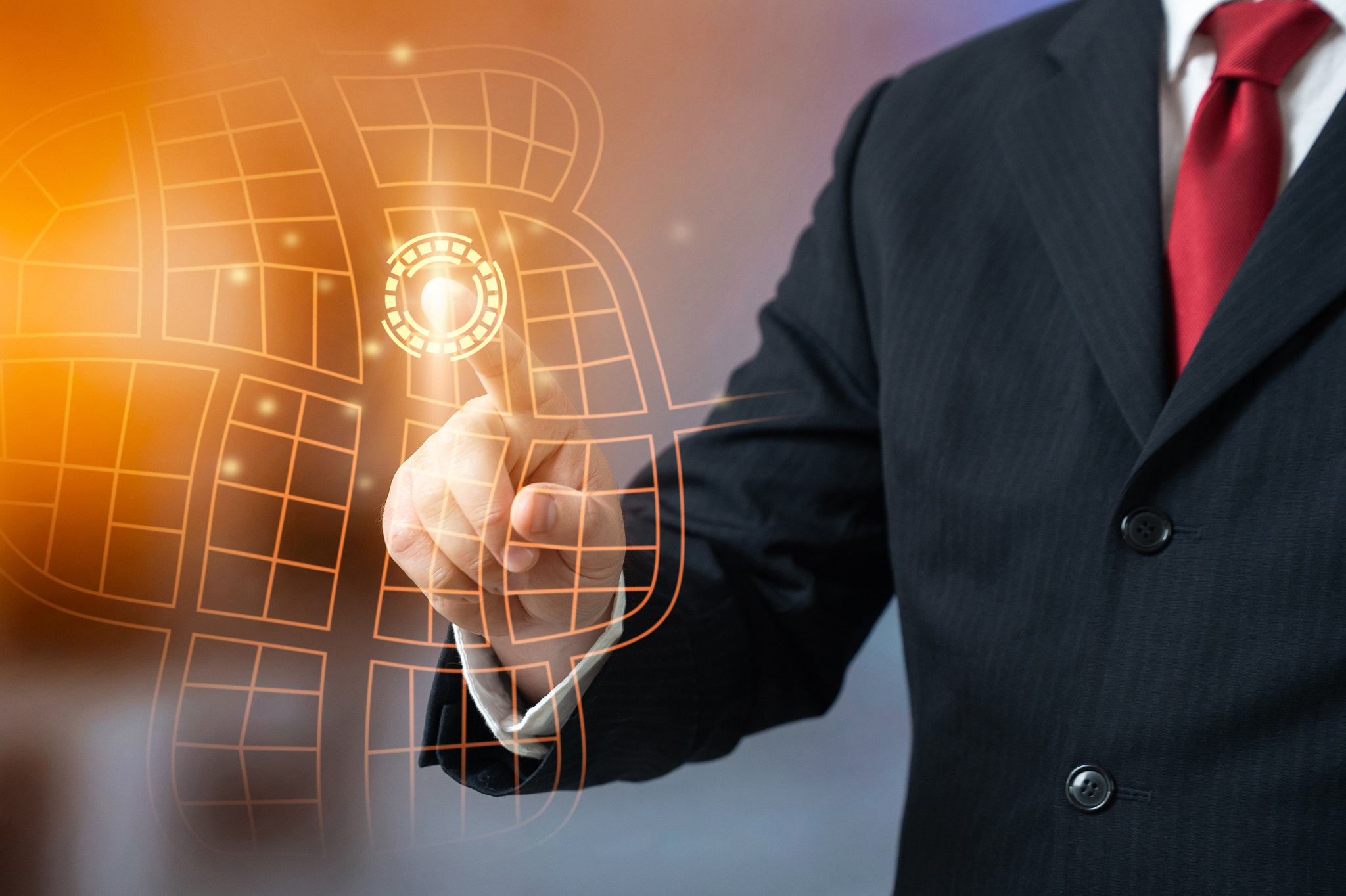 A businessman selects a location on a map to open a business. Business expansion and opening new poi