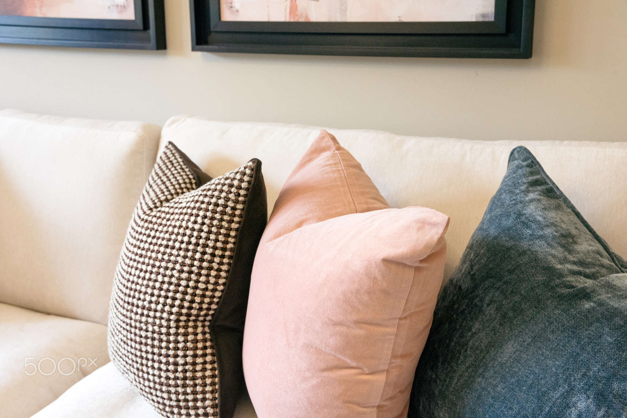 Bold Color Combination Sofa Cushions, Blush Pink Slate Blue Houndstooth, Quiet Luxury Modern