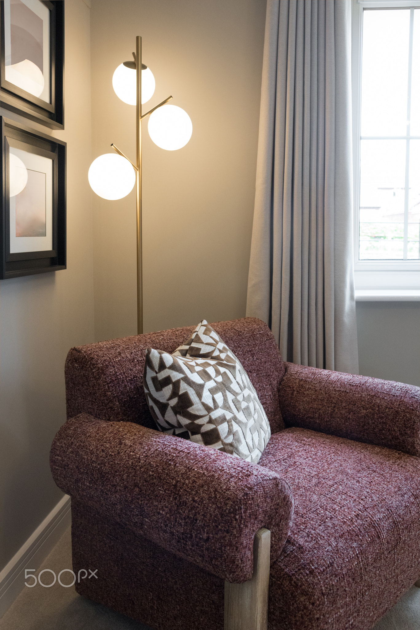 Cozy Reading Corner Textured Boucle Armchair with Embossed Cushion and Floor Lamp, Quiet Luxury